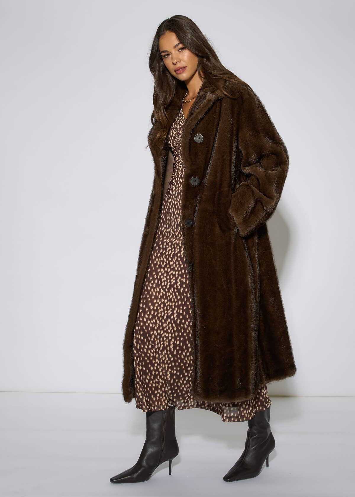 Brown 2 Tone Maxi Faux Fur Coat Jacket – View 7 | Gini London