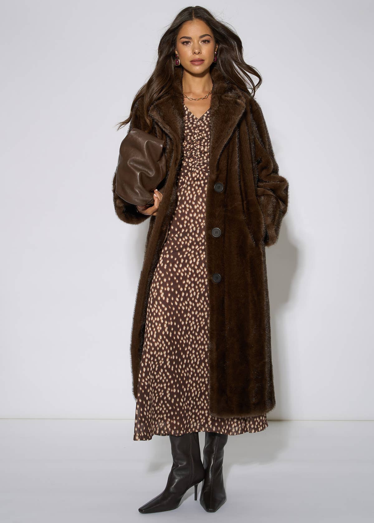 Brown 2 Tone Maxi Faux Fur Coat Jacket – View 2 | Gini London