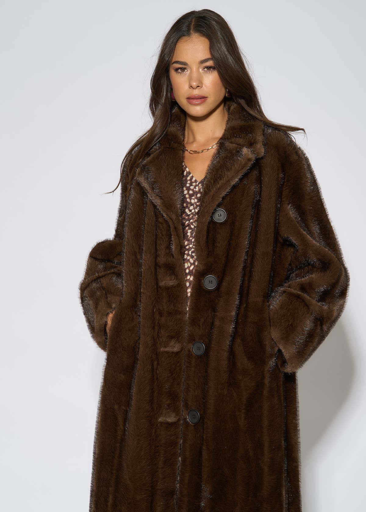 Brown 2 Tone Maxi Faux Fur Coat Jacket – View 5 | Gini London