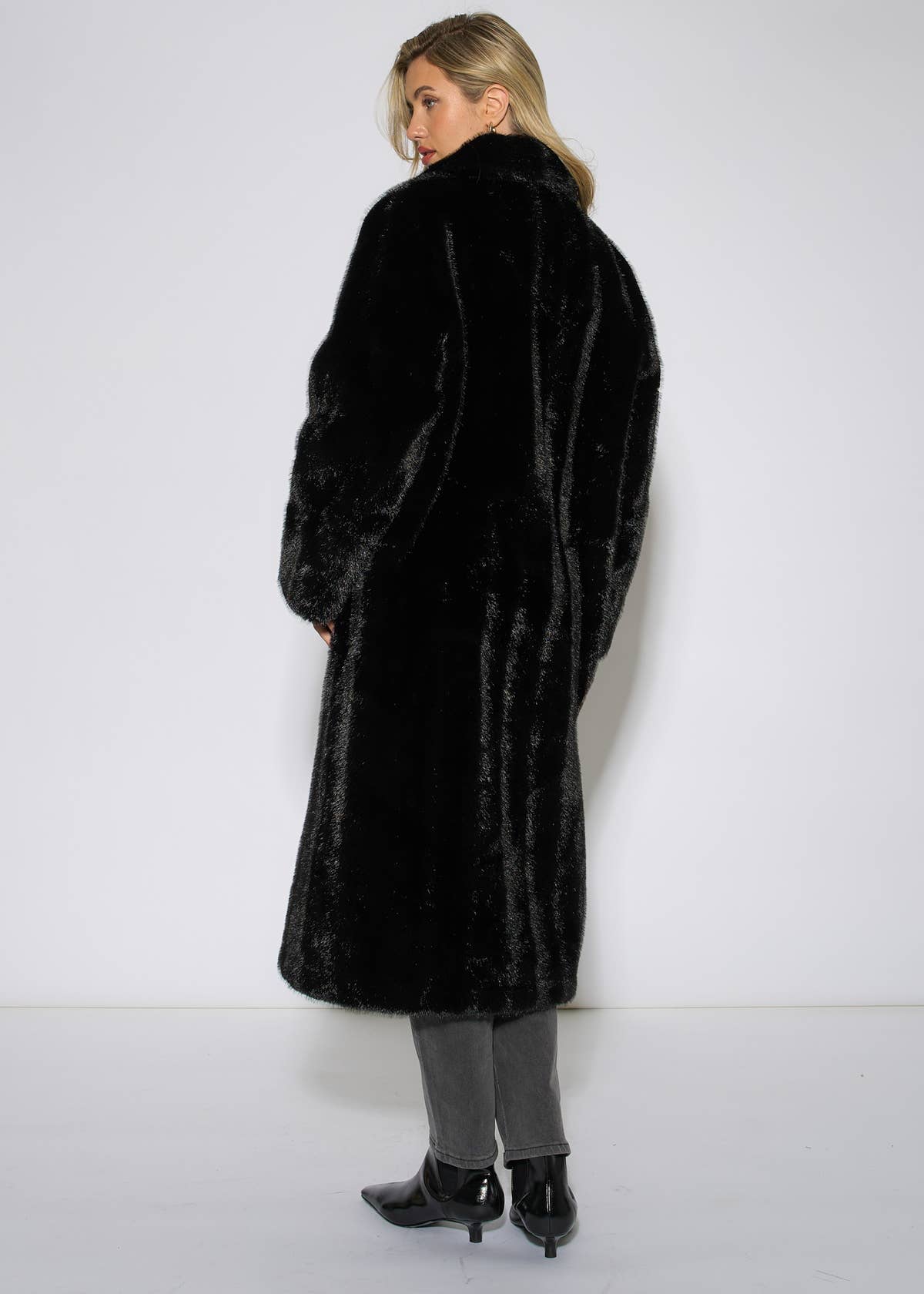 Black Two Tone Maxi Faux Fur Coat Jacket – View 2 | Gini London