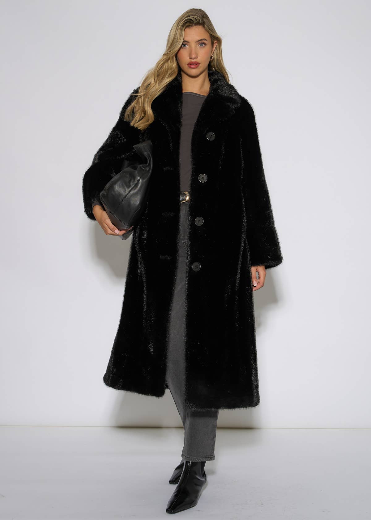 Black Two Tone Maxi Faux Fur Coat Jacket – View 1 | Gini London