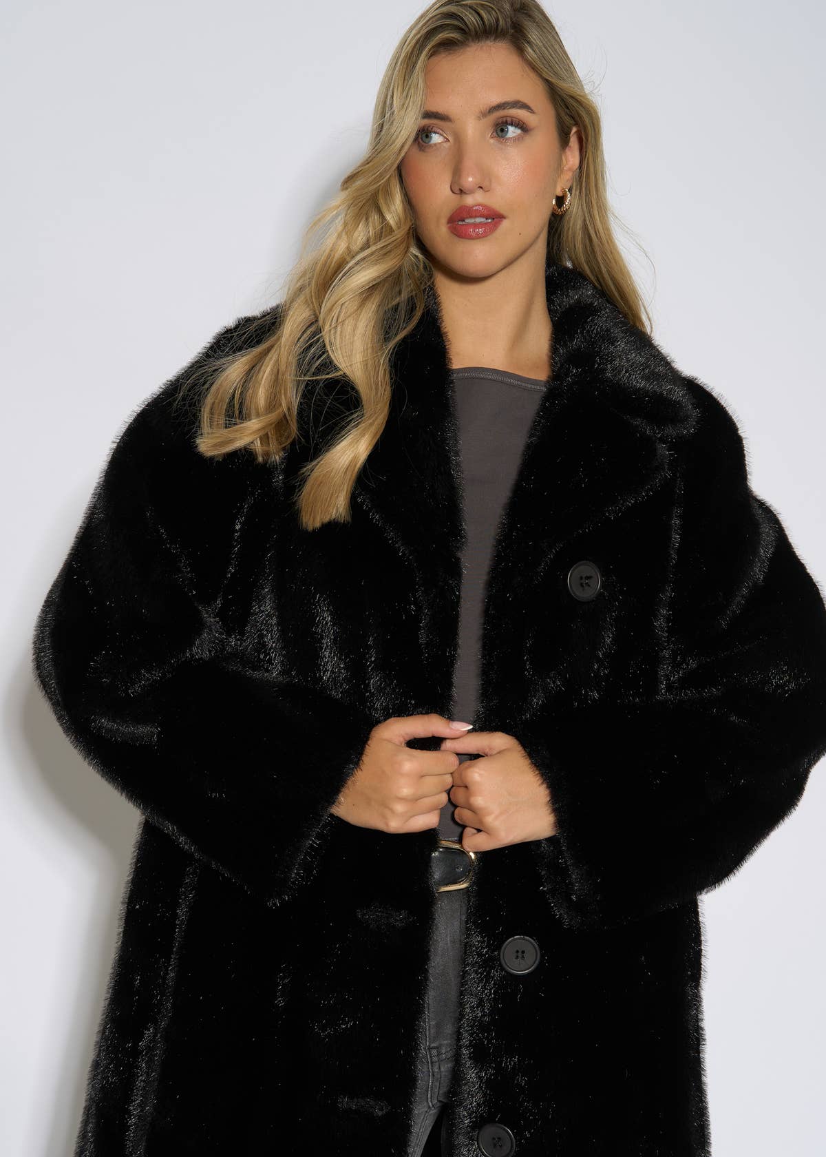 Black Two Tone Maxi Faux Fur Coat Jacket – View 3 | Gini London