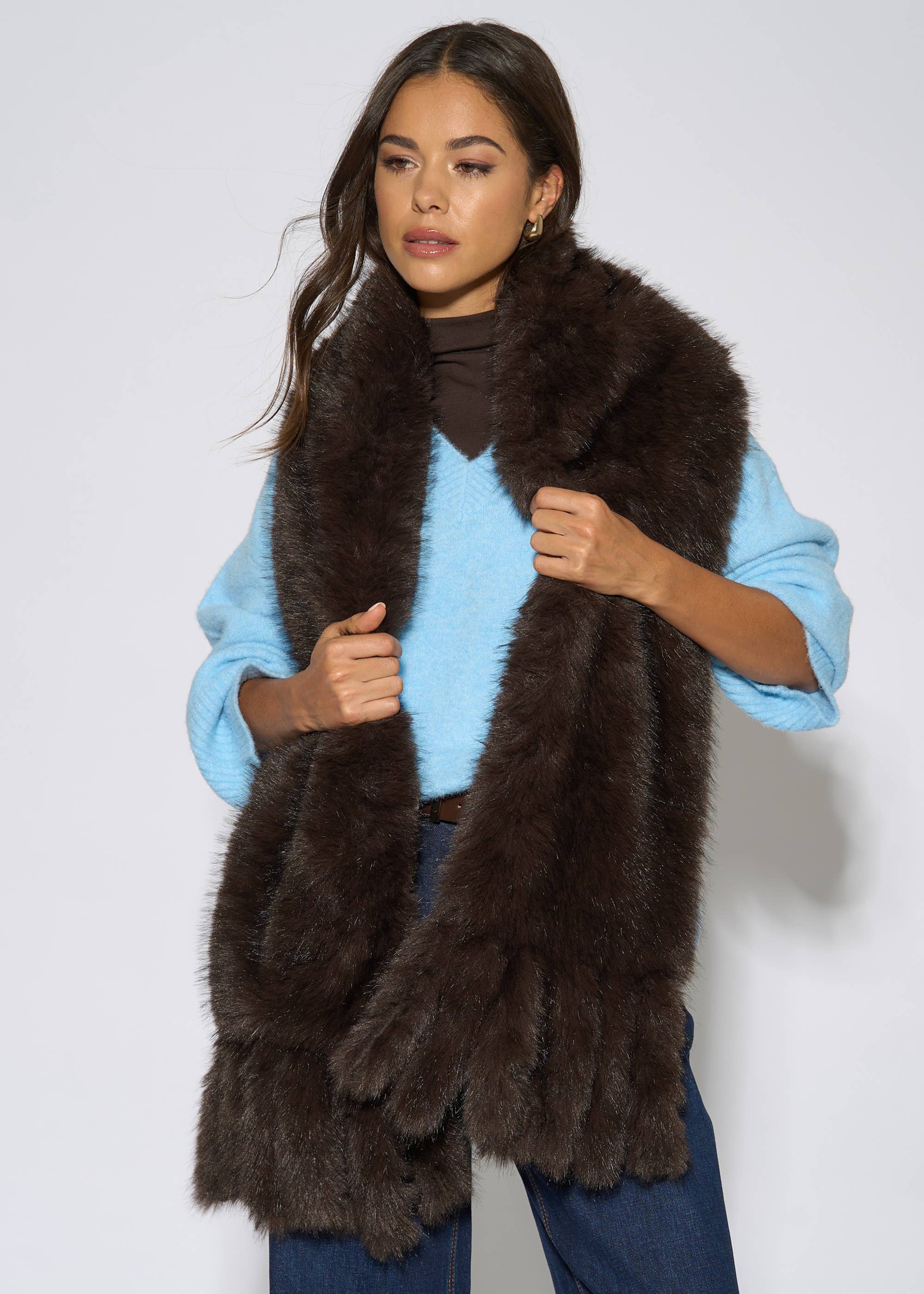 Brown Faux Fur Tassel Scarf