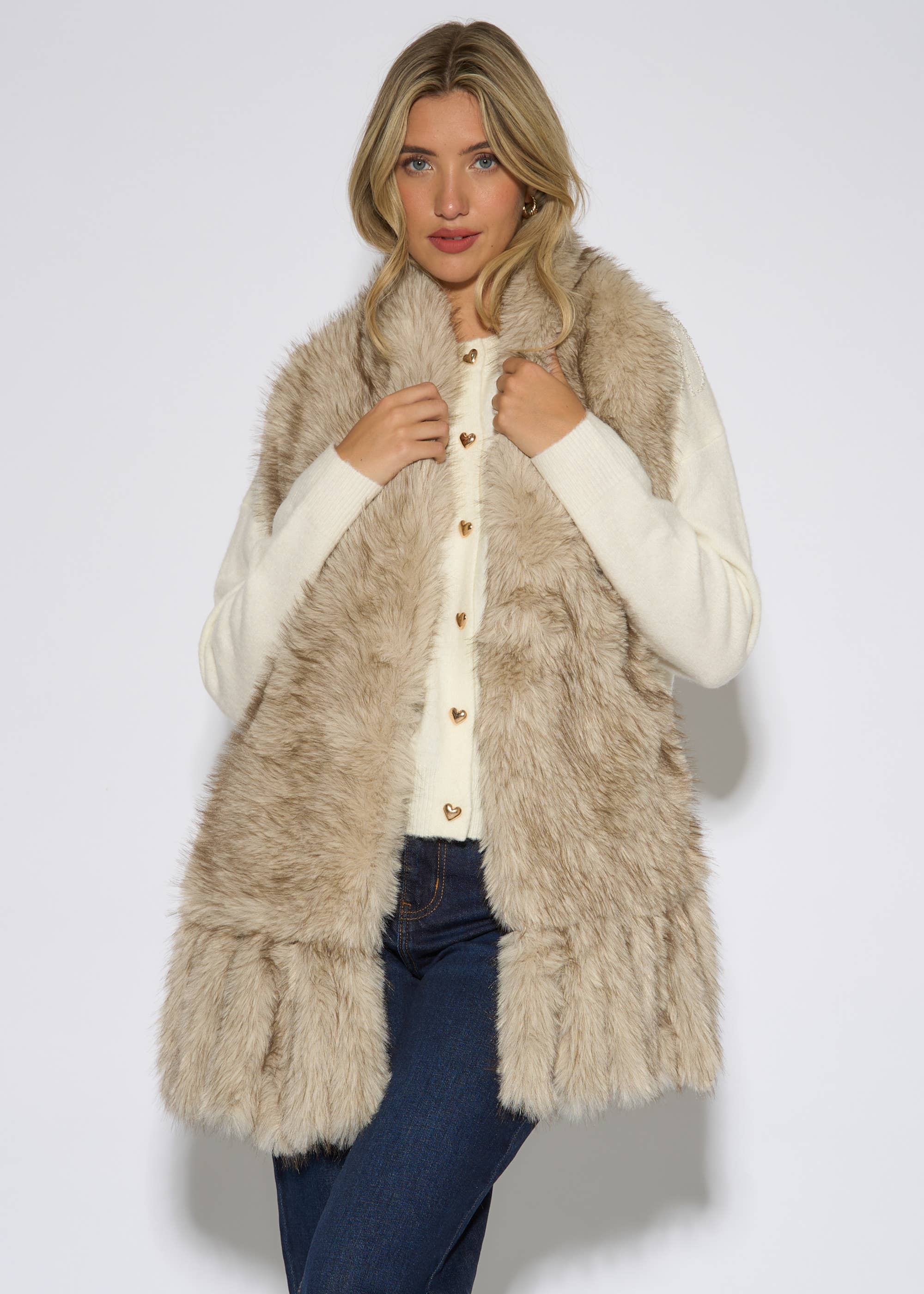 Off White Faux Fur Tassel Scarf