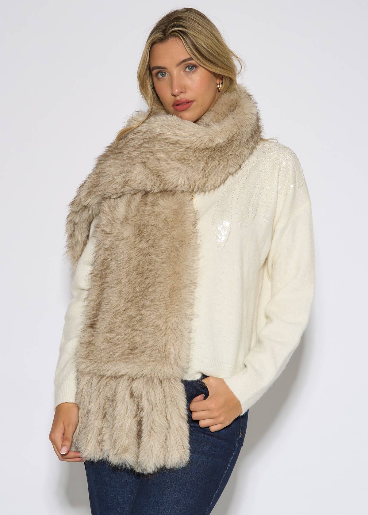 Off White Faux Fur Tassel Scarf