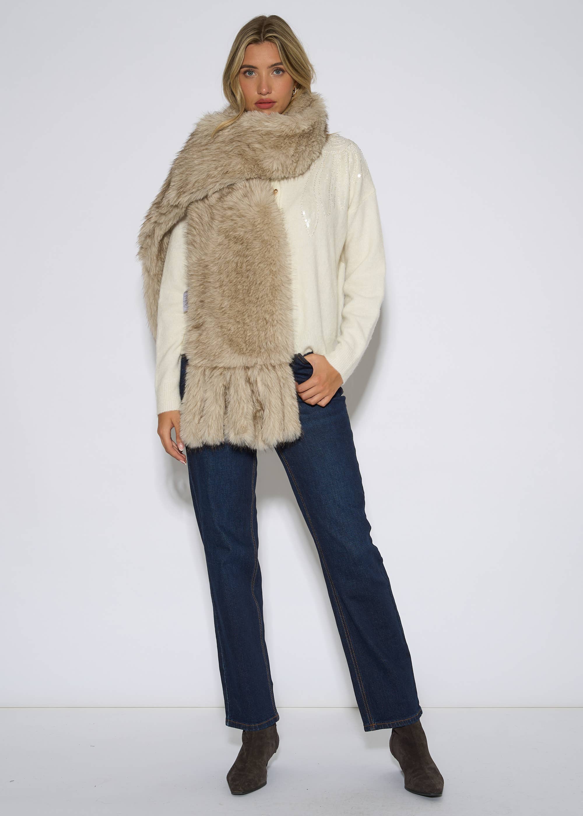 Off White Faux Fur Tassel Scarf