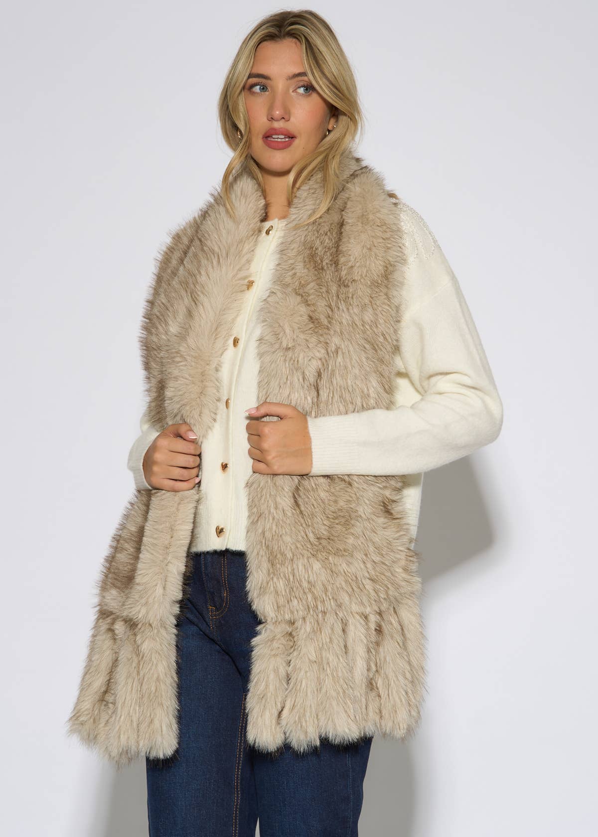 Off White Faux Fur Tassel Scarf