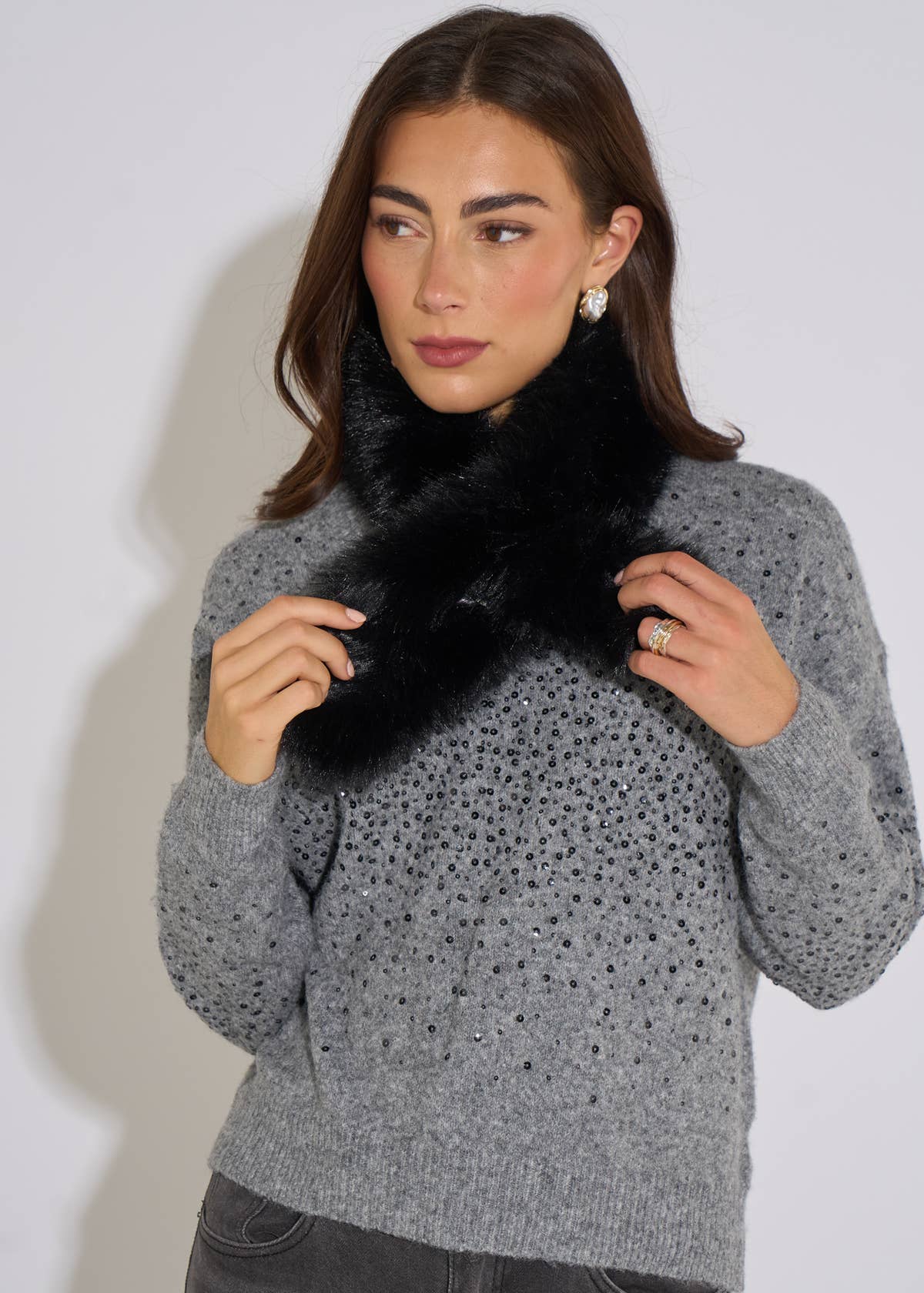 Black 2 Tone Faux Fur Stole– View 1 | Gini London