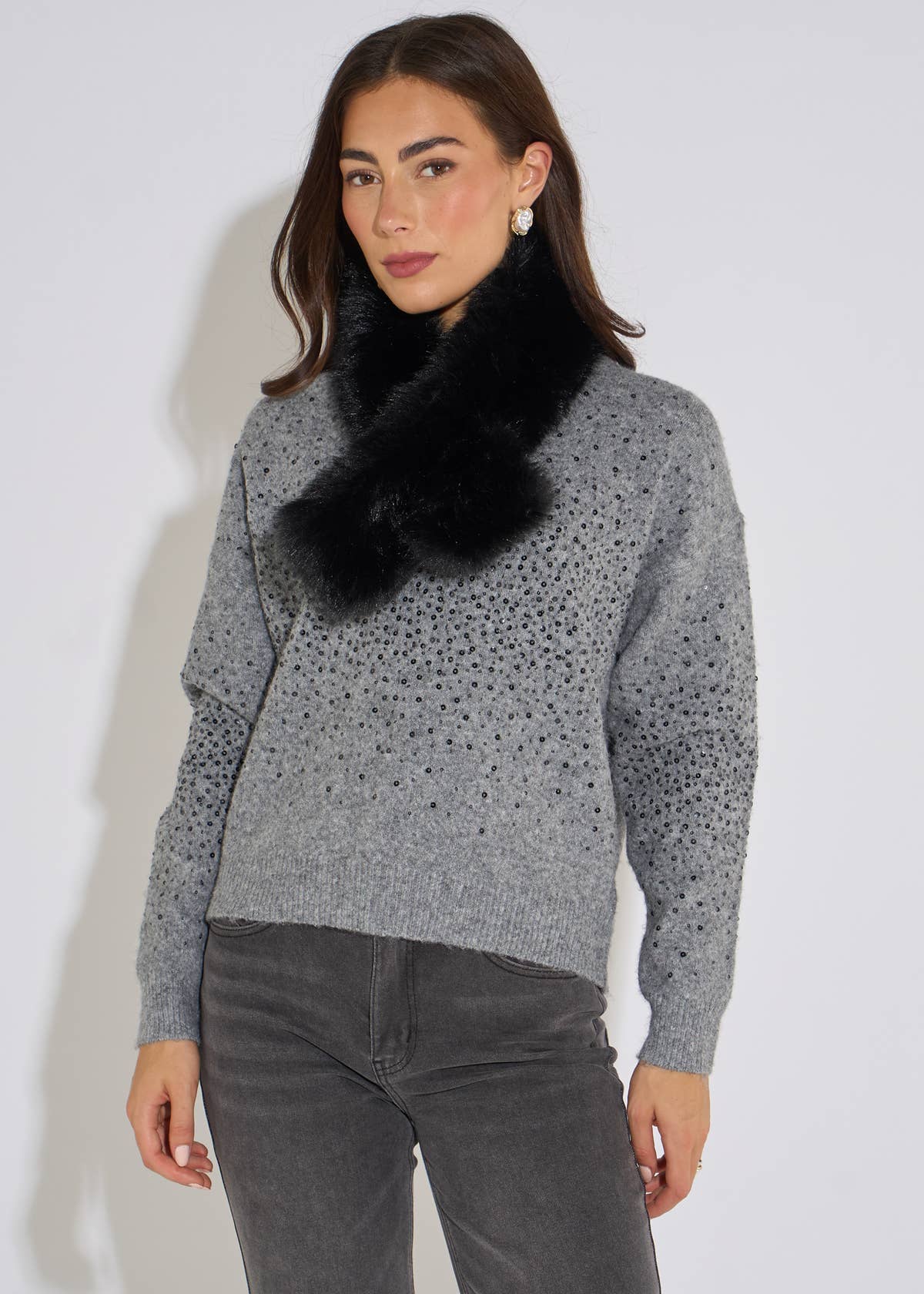 Black 2 Tone Faux Fur Stole– View 1 | Gini London