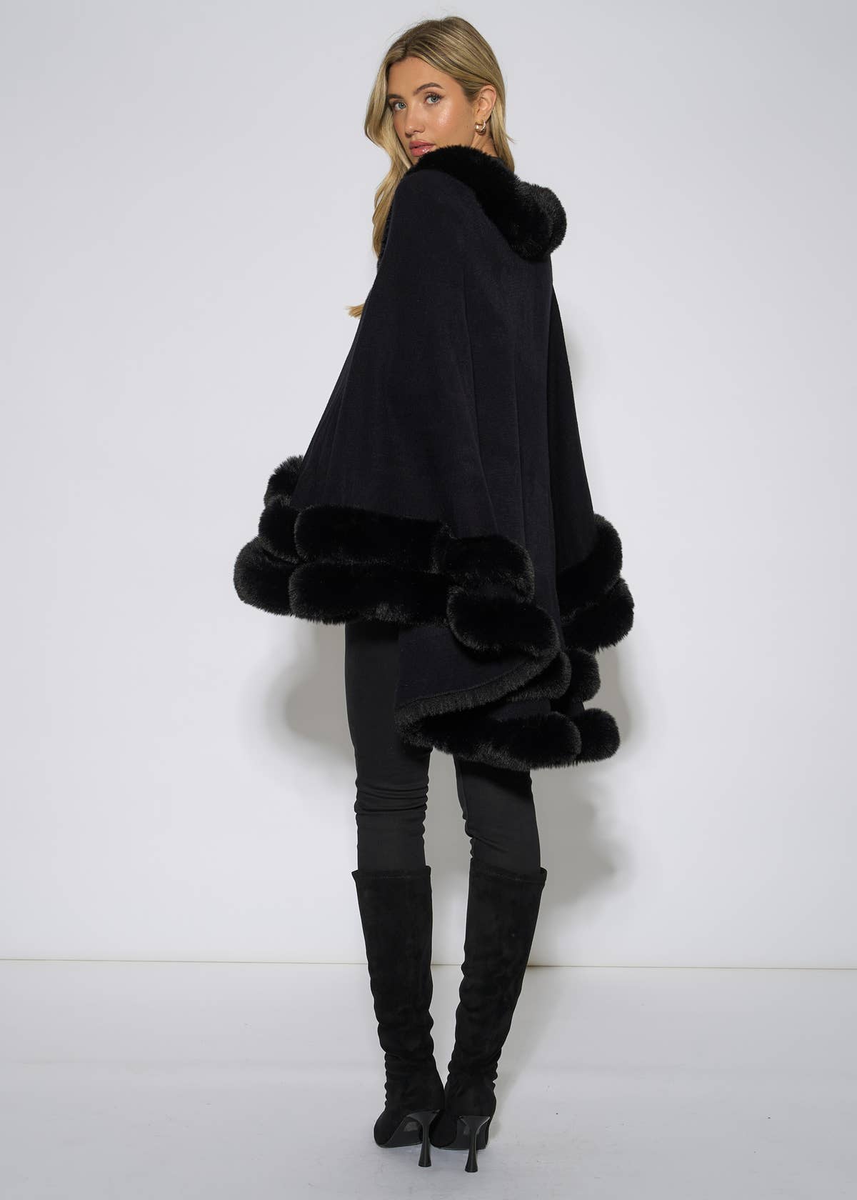Black Double Layer Fur Trim Cape – View 2 | Gini London