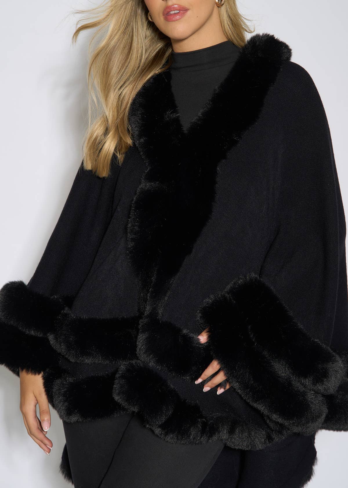 Black Double Layer Fur Trim Cape – View 3 | Gini London