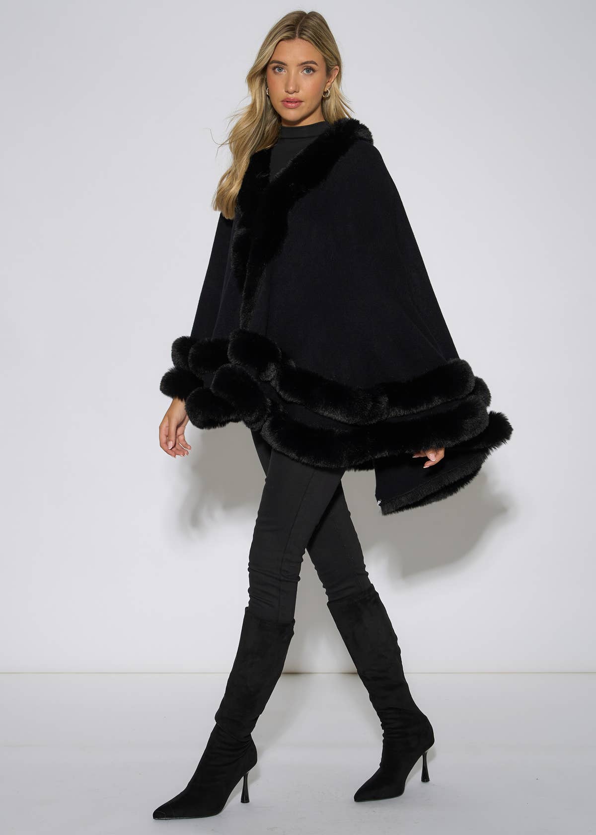 Black Double Layer Fur Trim Cape – View 4 | Gini London