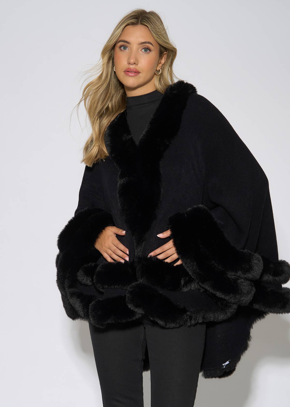 Black Double Layer Fur Trim Cape – View 1 | Gini London