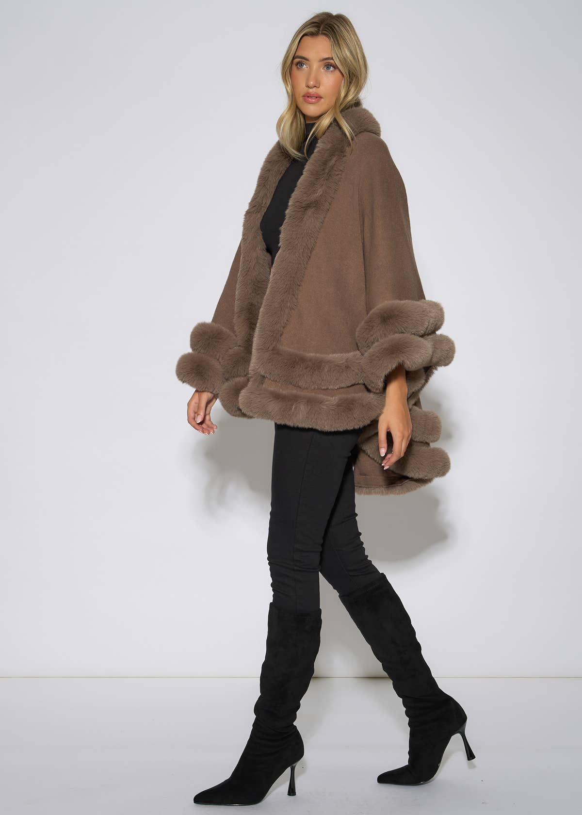 Brown Double Layer Fur Trim Cape – View 4 | Gini London