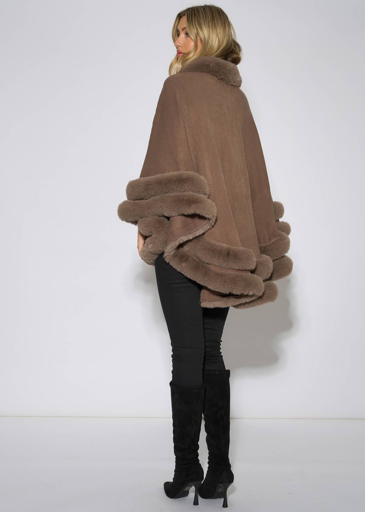 Brown Double Layer Fur Trim Cape – View 2 | Gini London