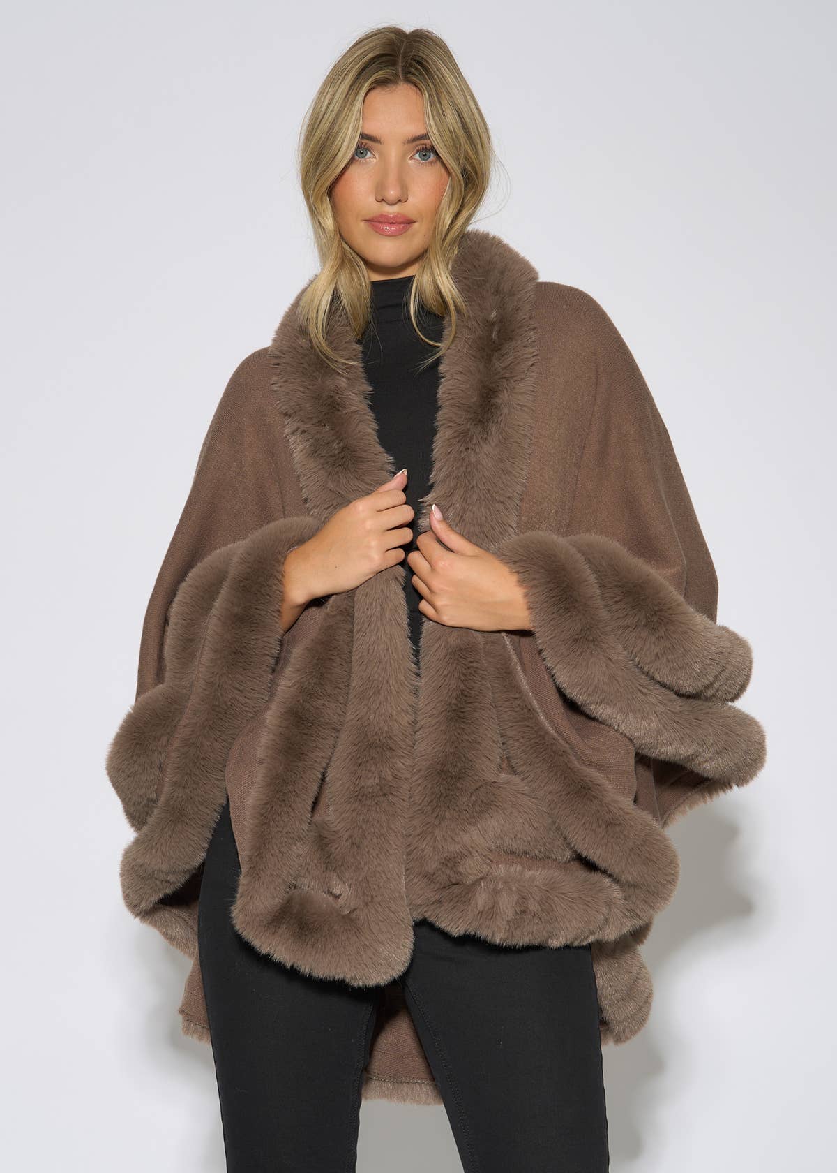 Brown Double Layer Fur Trim Cape – View 1 | Gini London