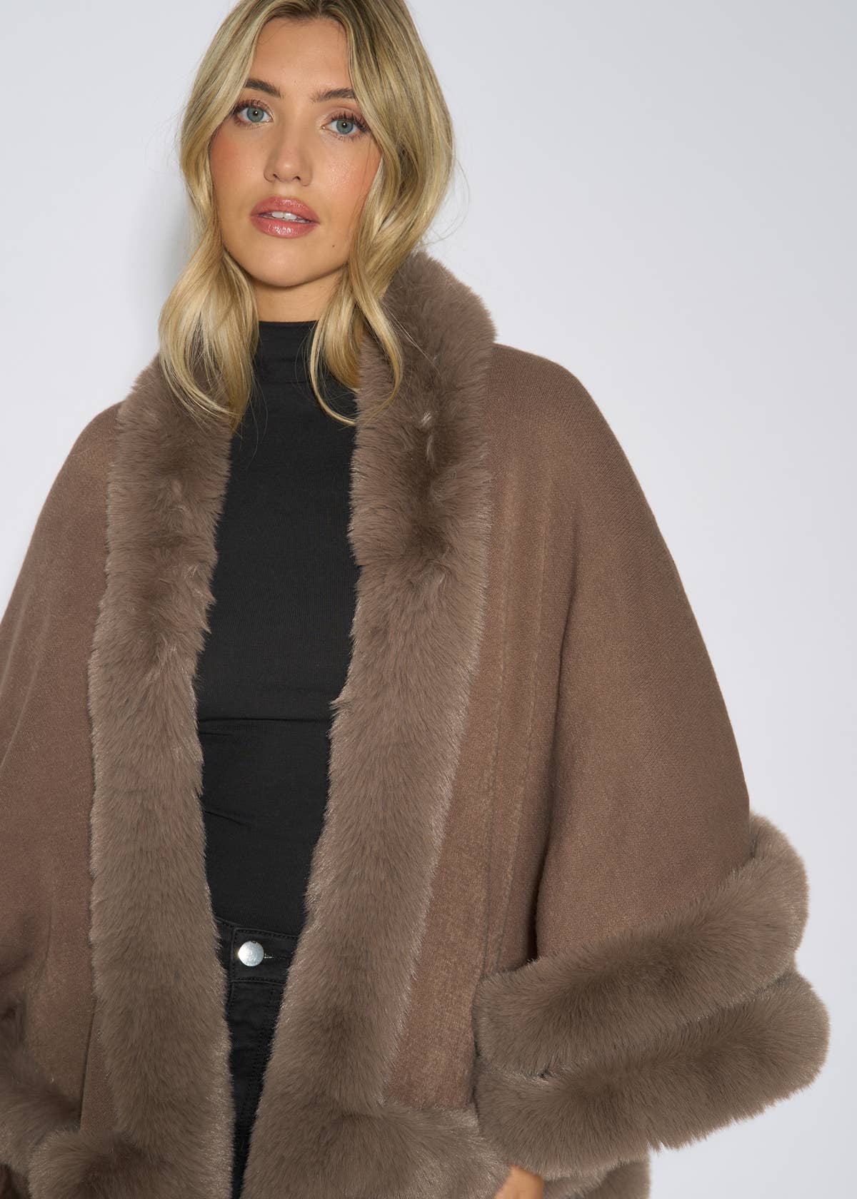 Brown Double Layer Fur Trim Cape – View 3 | Gini London