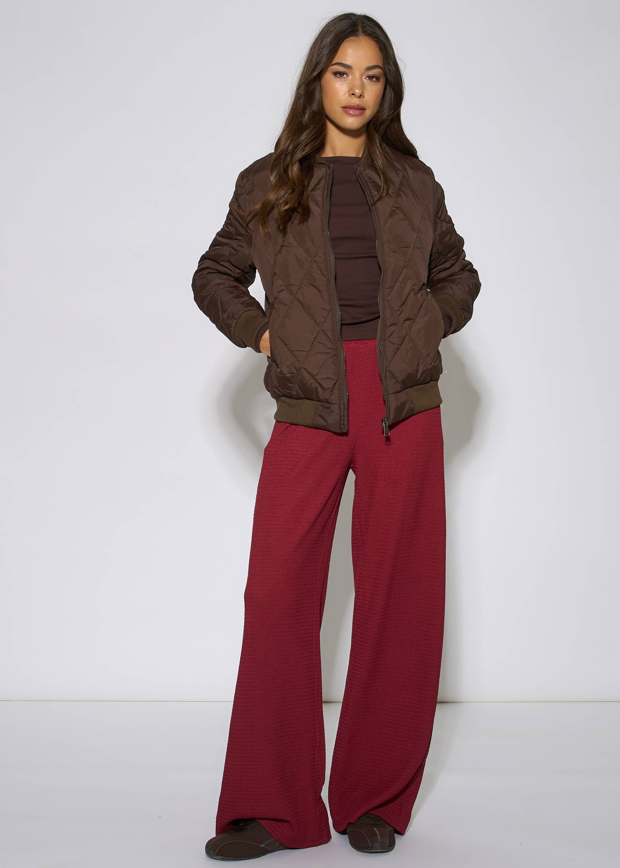 Brown Rib Trim Puffer Bomber Jacket