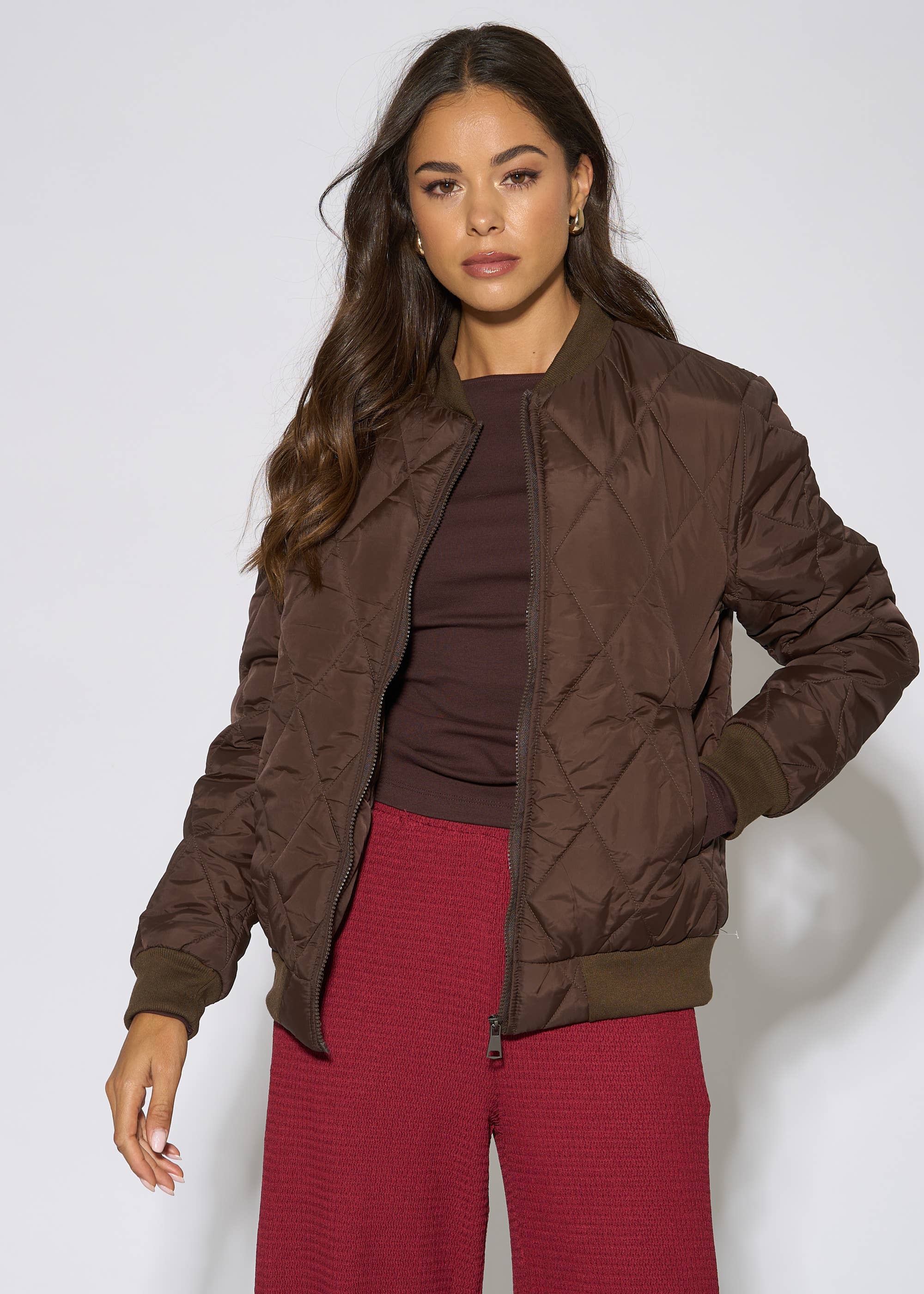Brown Rib Trim Puffer Bomber Jacket