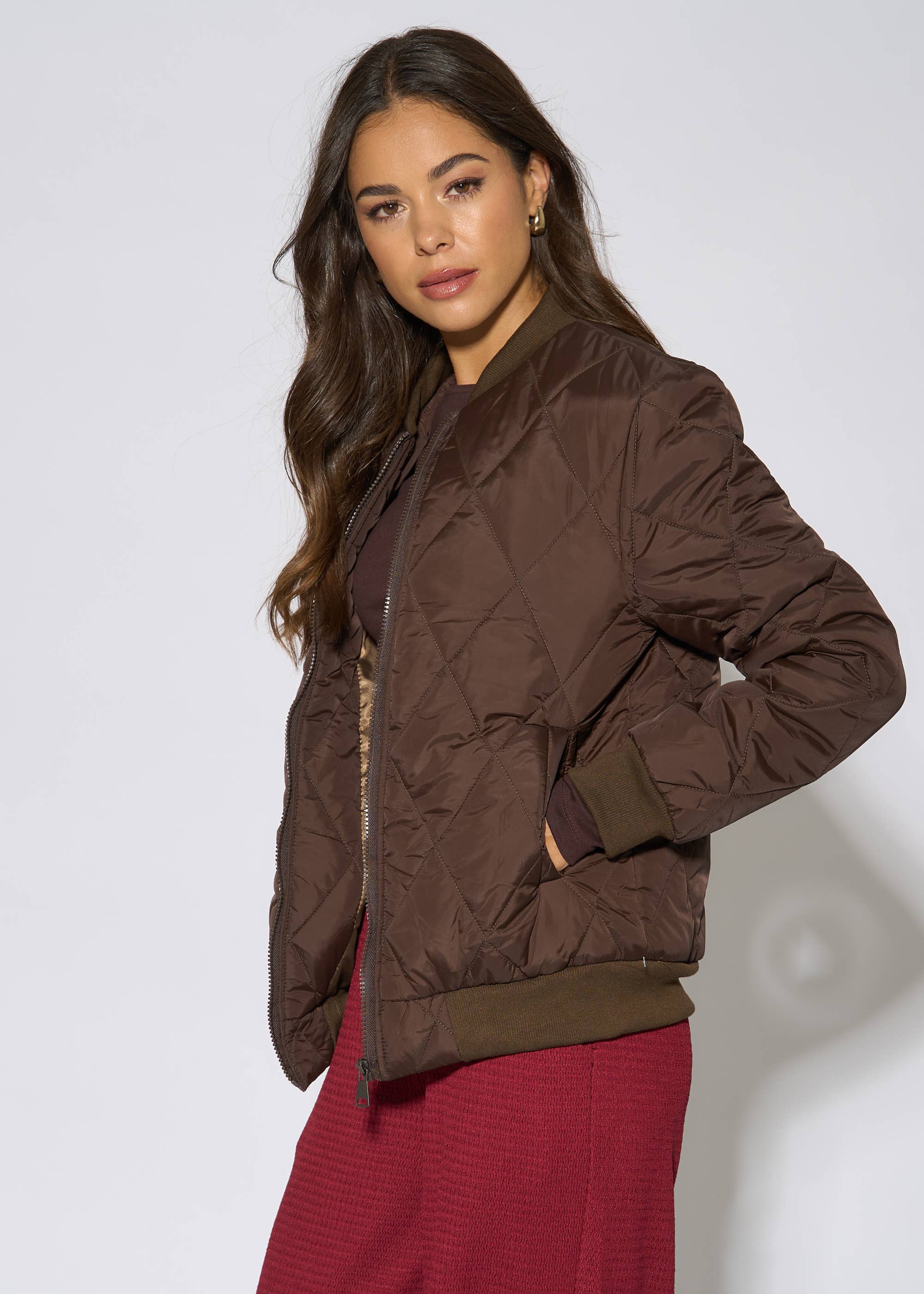 Brown Rib Trim Puffer Bomber Jacket