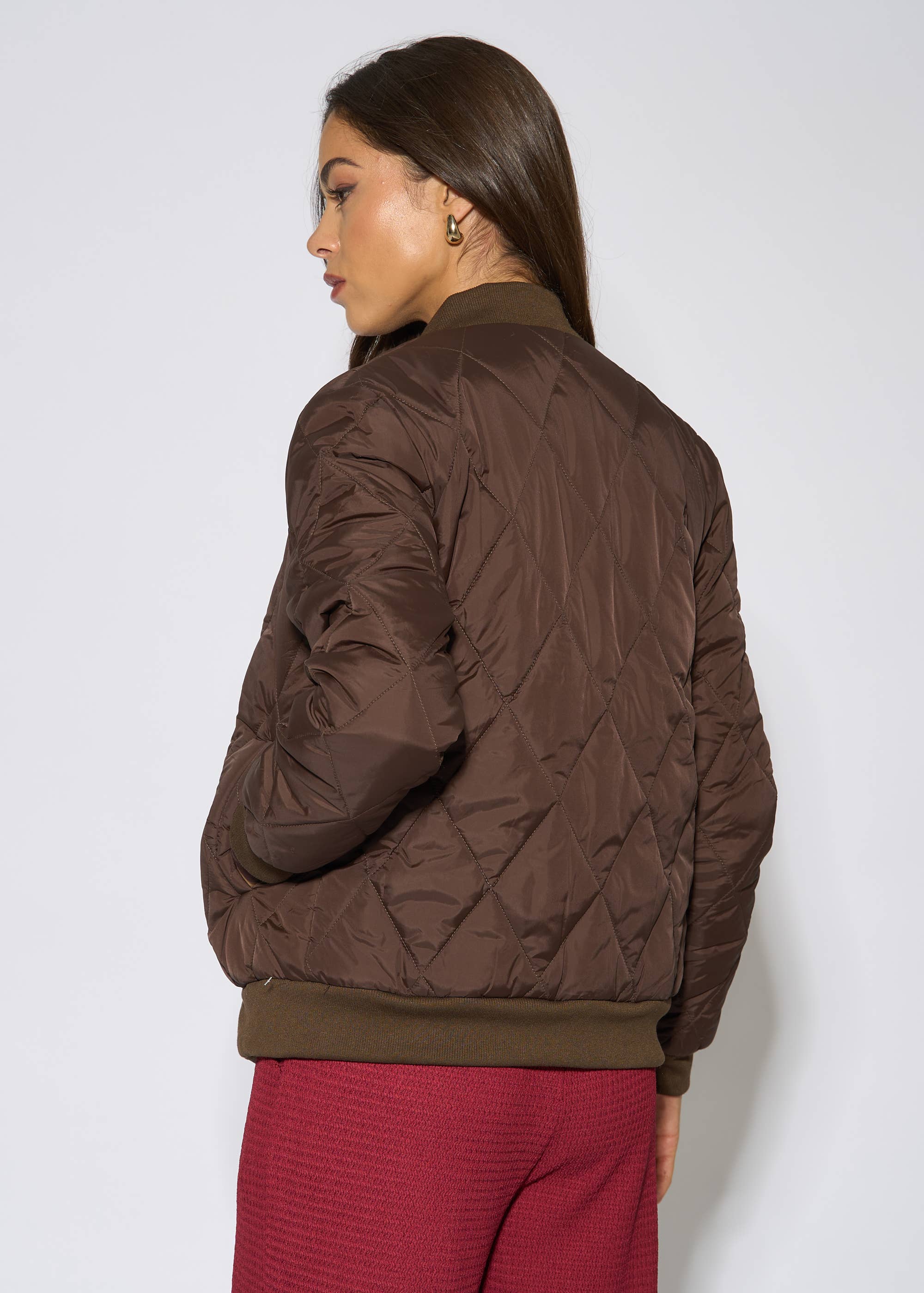 Brown Rib Trim Puffer Bomber Jacket