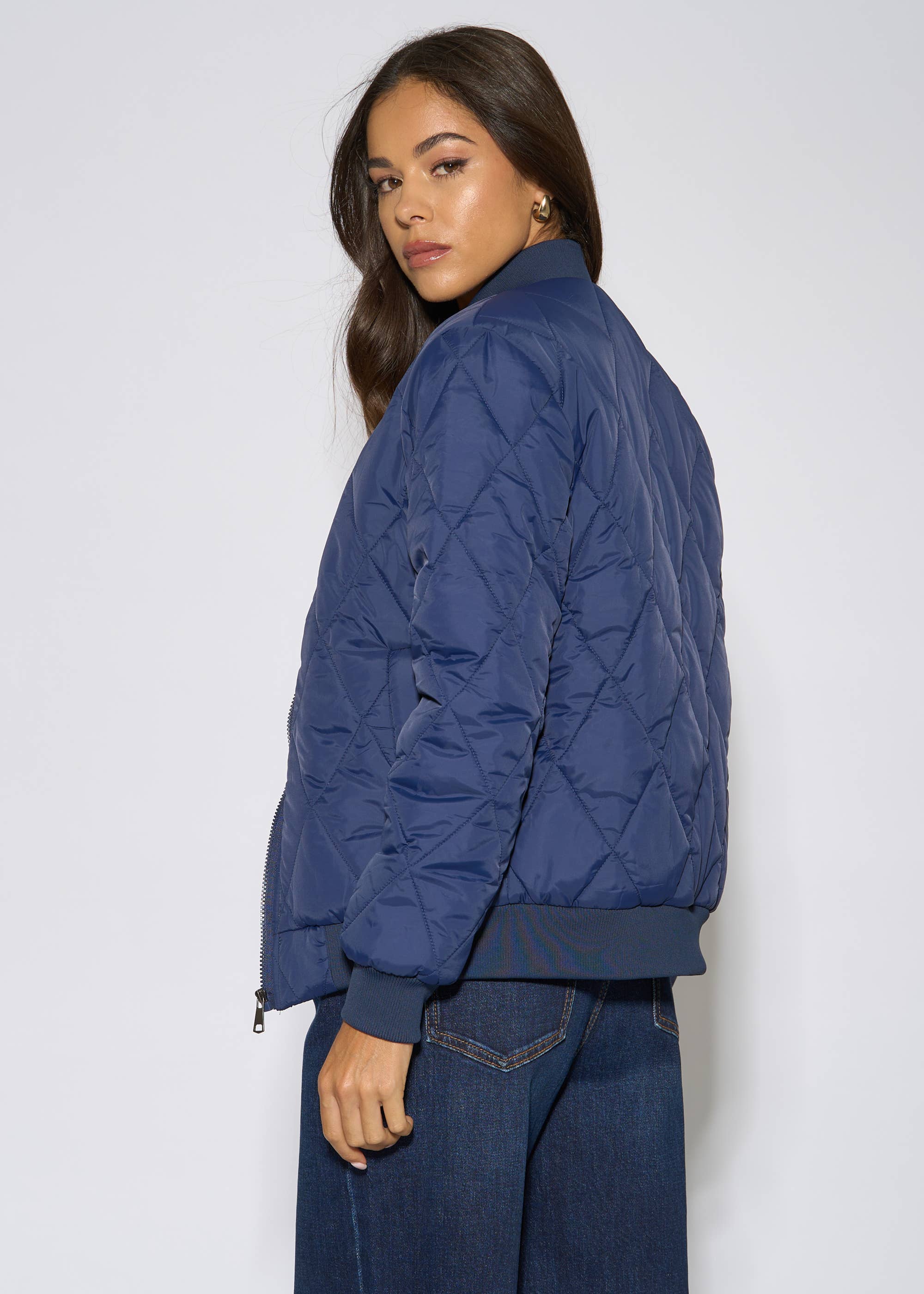 Navy Rib Trim Puffer Bomber Jacket