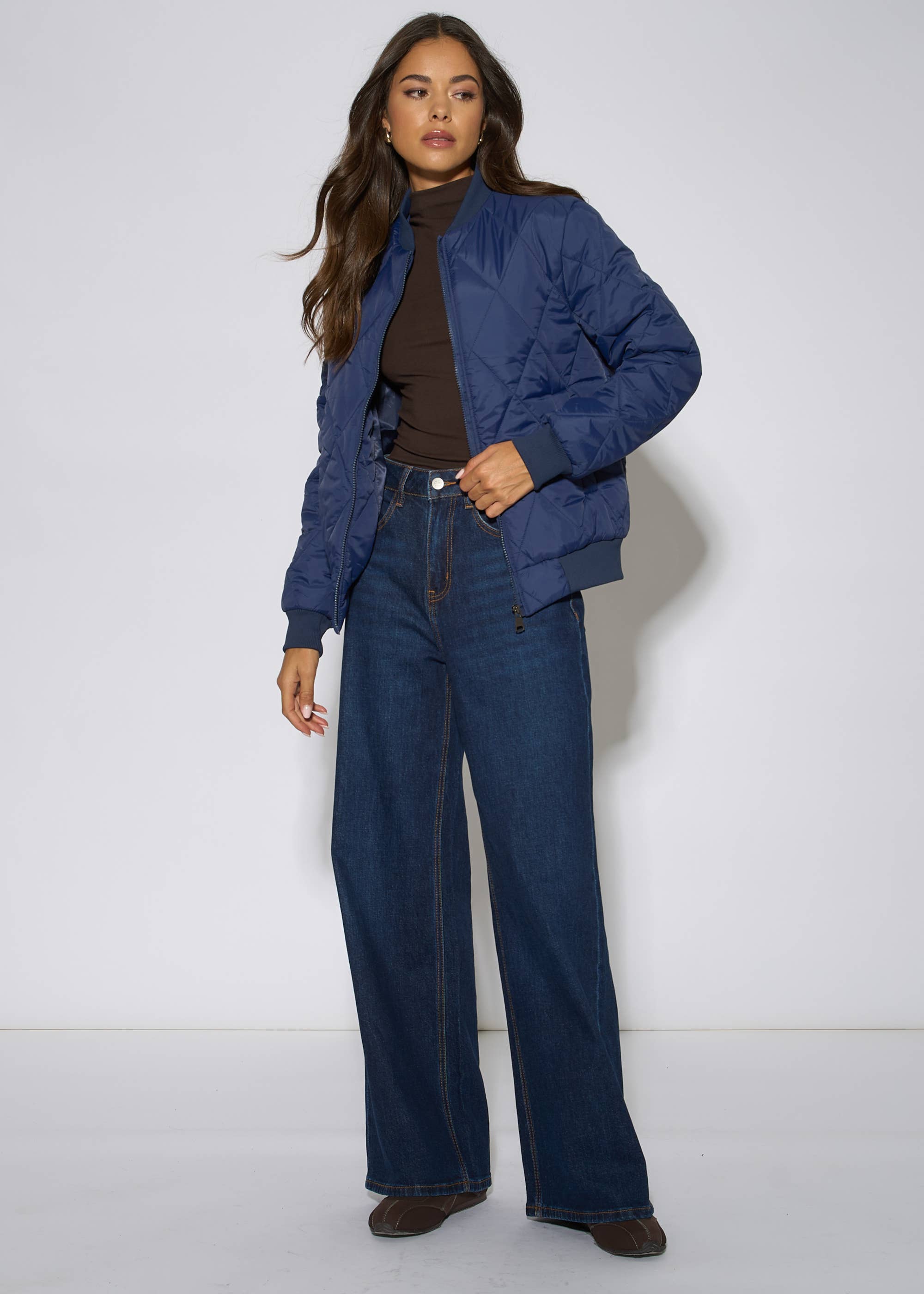 Navy Rib Trim Puffer Bomber Jacket