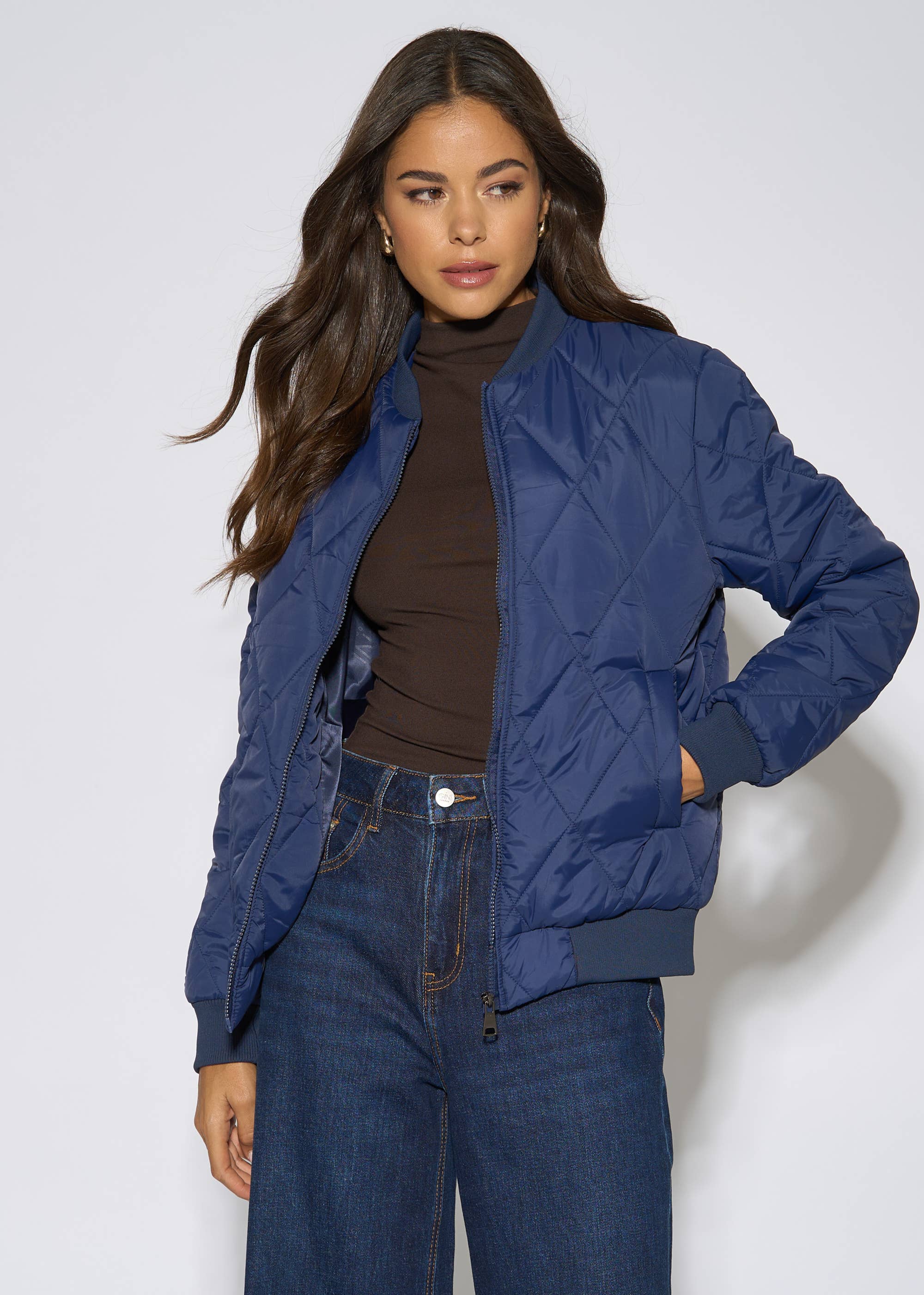 Navy Rib Trim Puffer Bomber Jacket