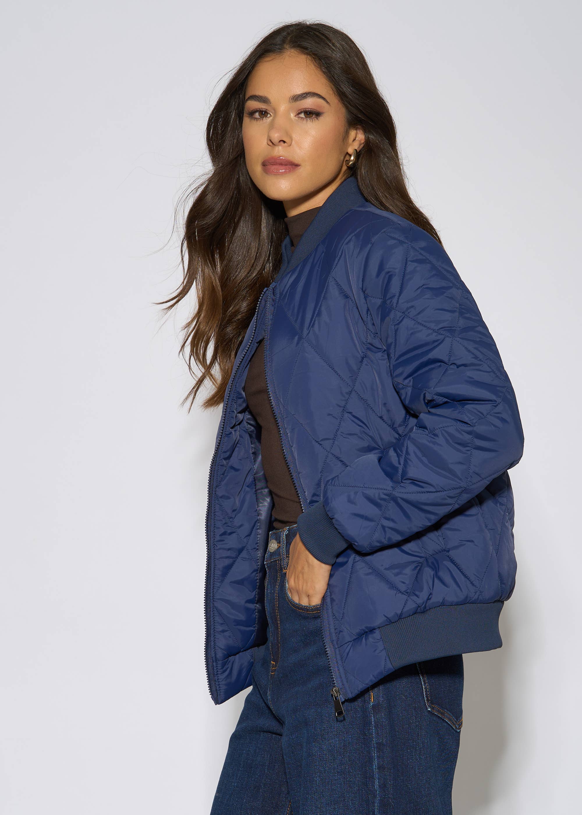 Navy Rib Trim Puffer Bomber Jacket