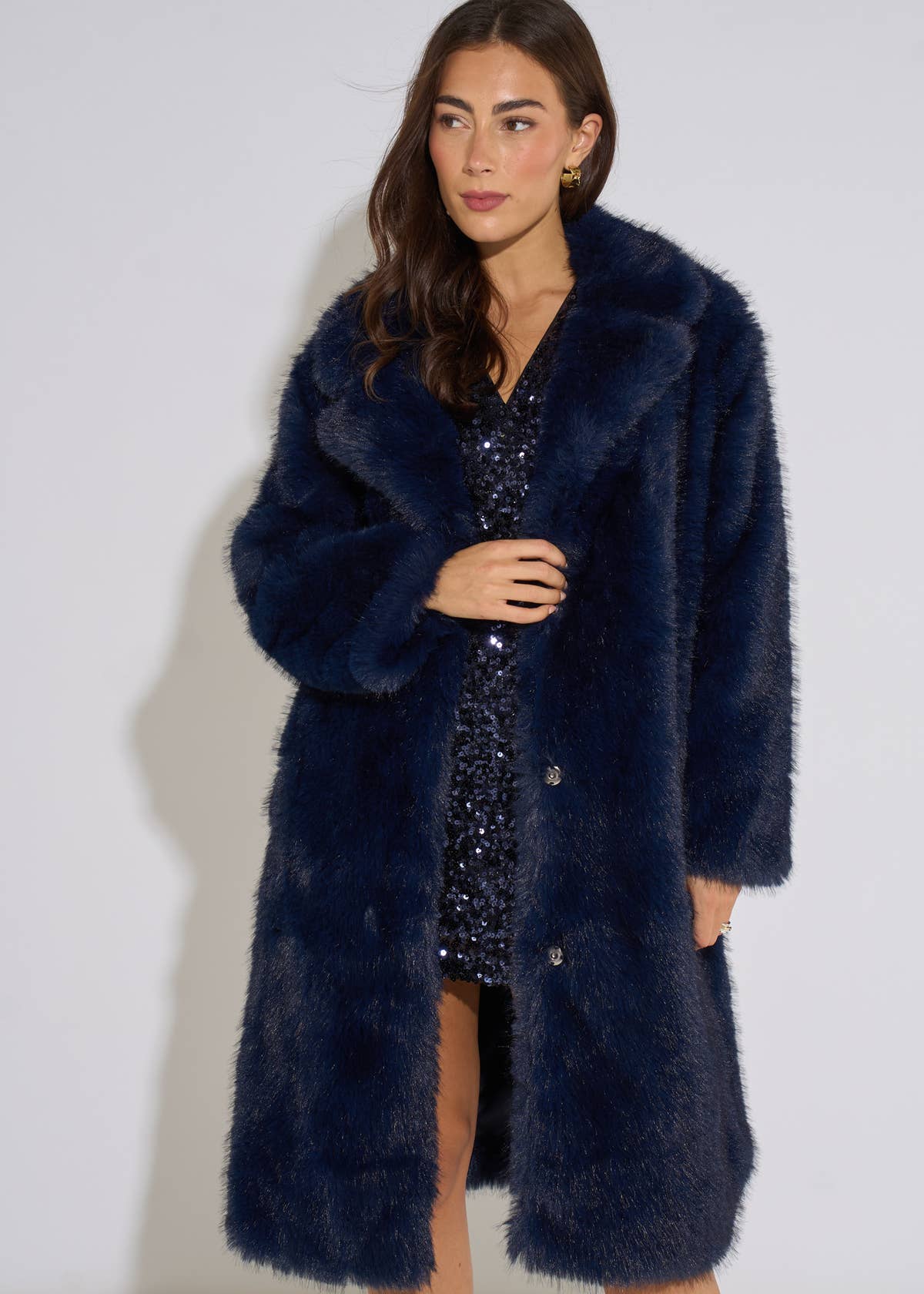 Dark Blue Panelled Faux Fur Longline Jacket– View 1 | Gini London