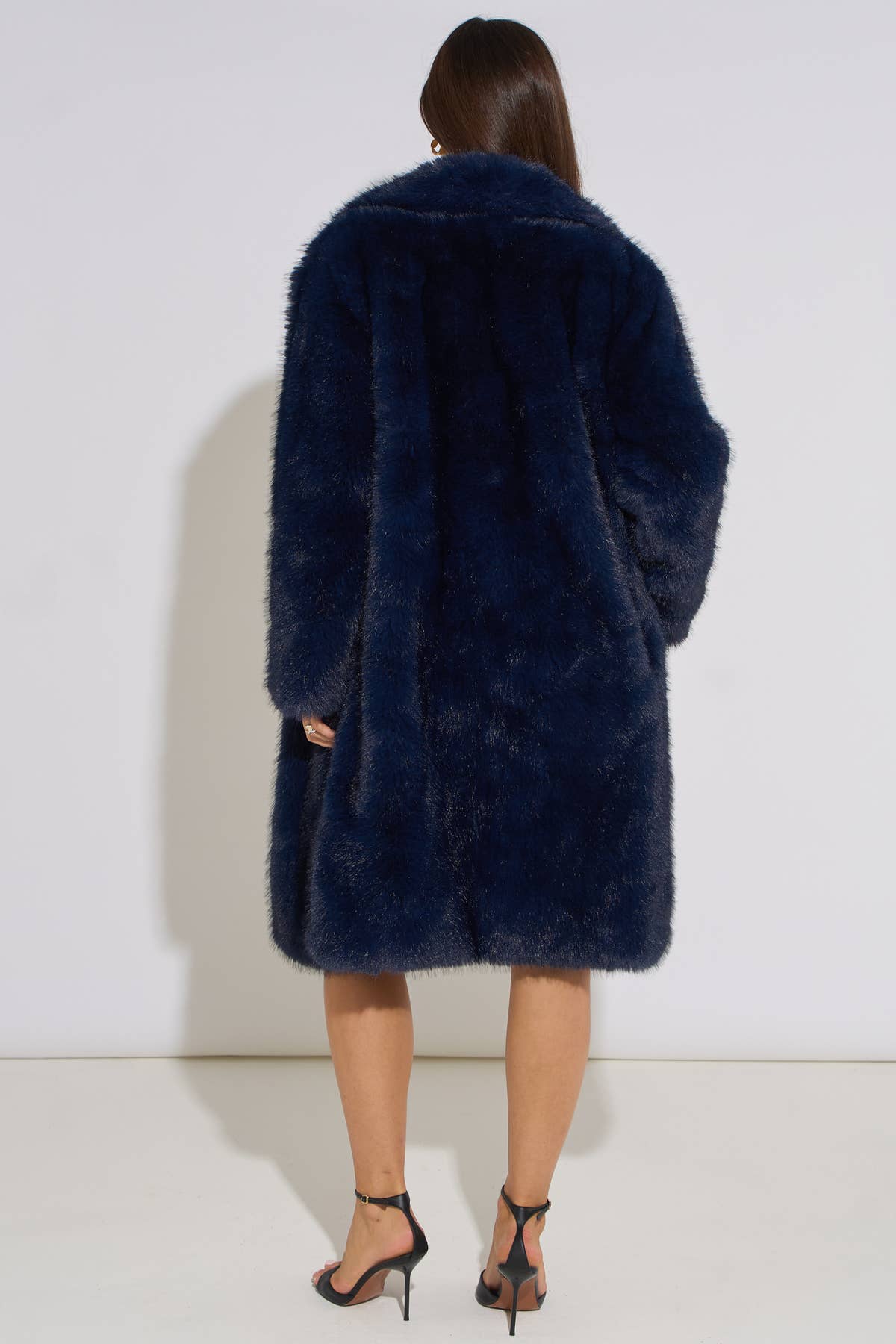 Dark Blue Panelled Faux Fur Longline Jacket– View 2 | Gini London