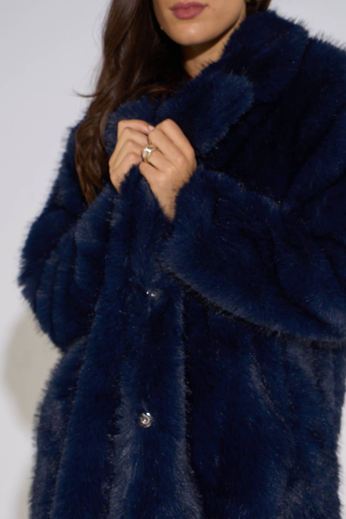 Dark Blue Panelled Faux Fur Longline Jacket– View 3 | Gini London