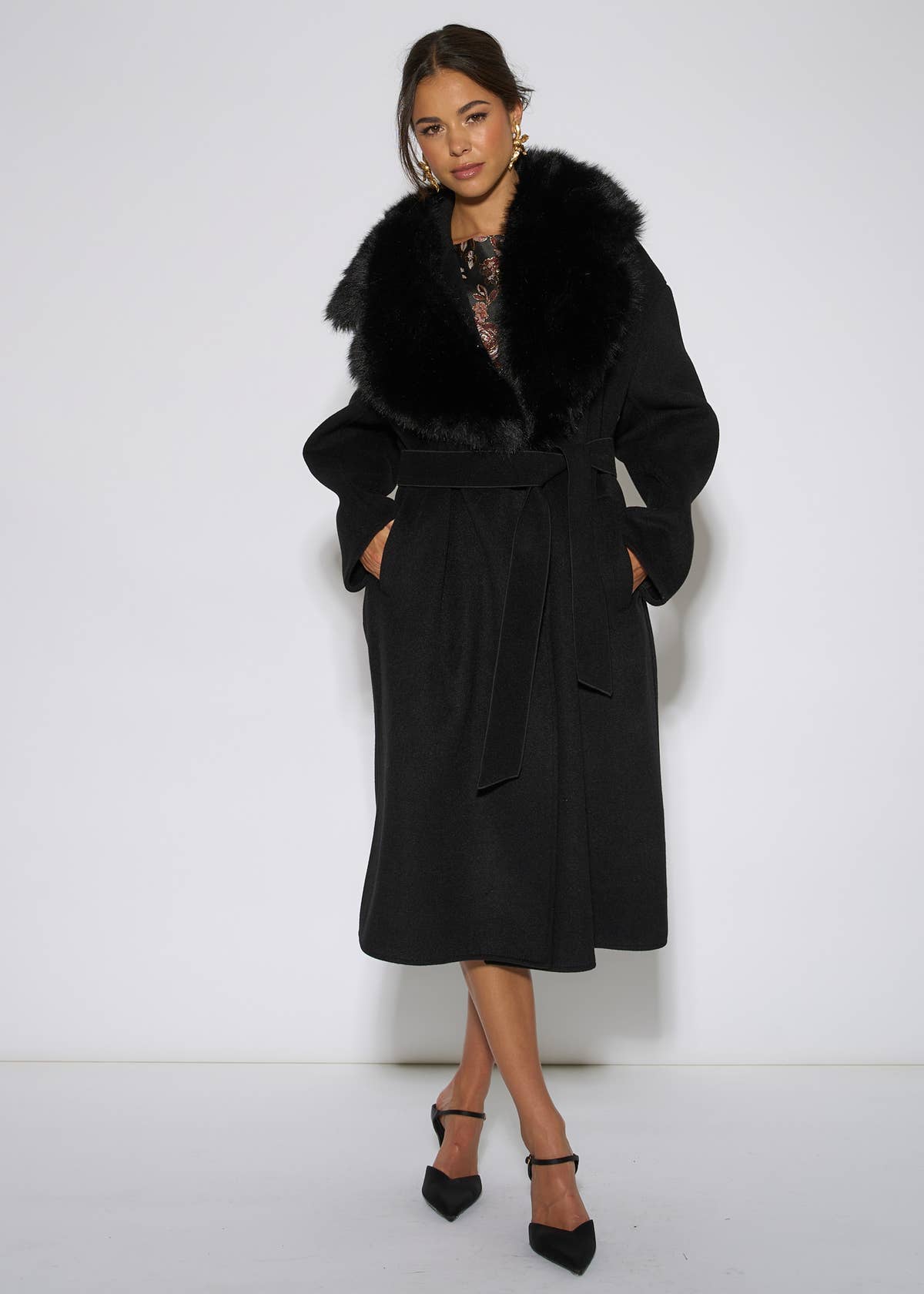 Black Faux Fur Trim Collar Longline Coat