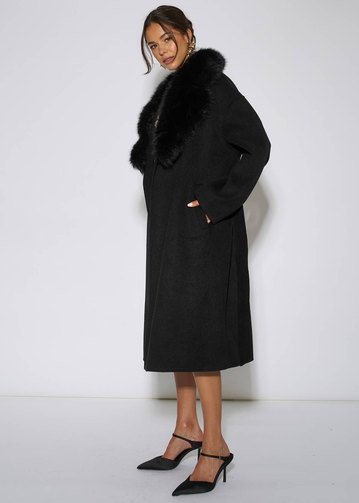 Black Faux Fur Trim Collar Longline Coat