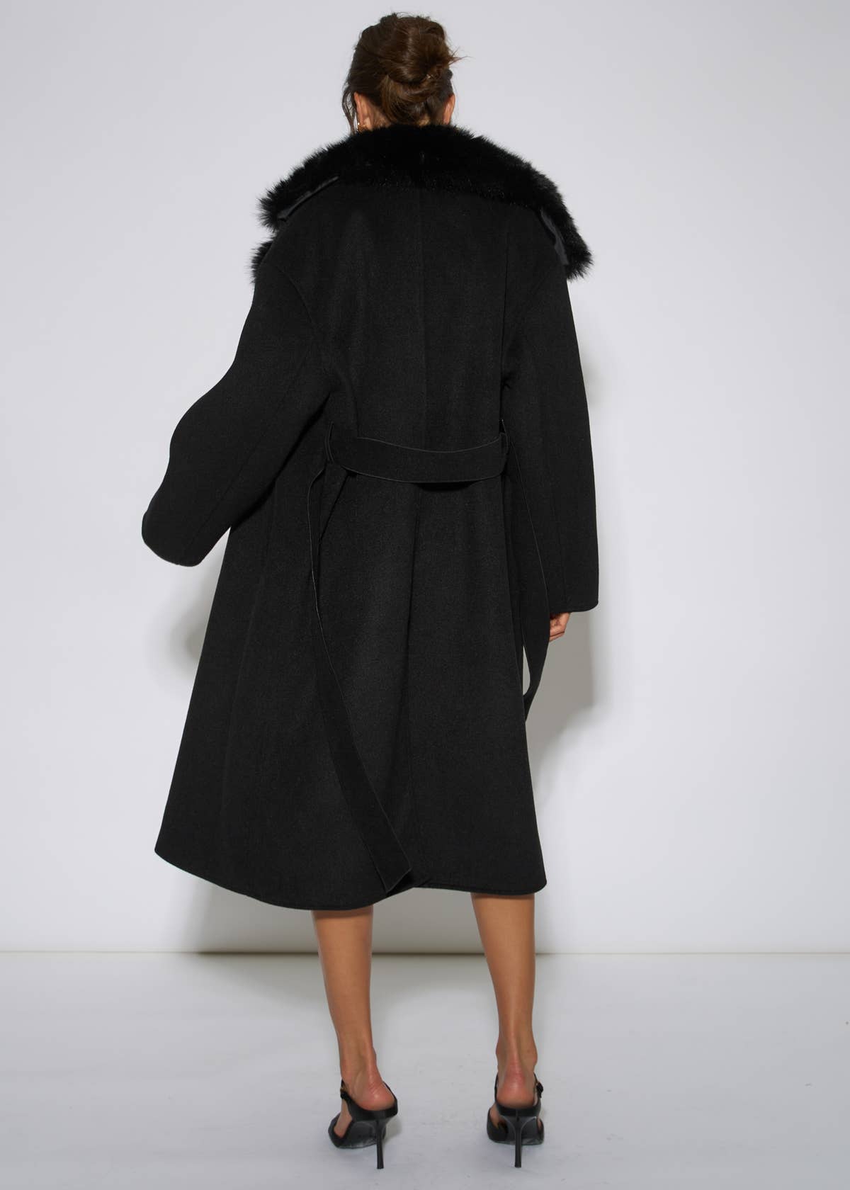 Black Faux Fur Trim Collar Longline Coat