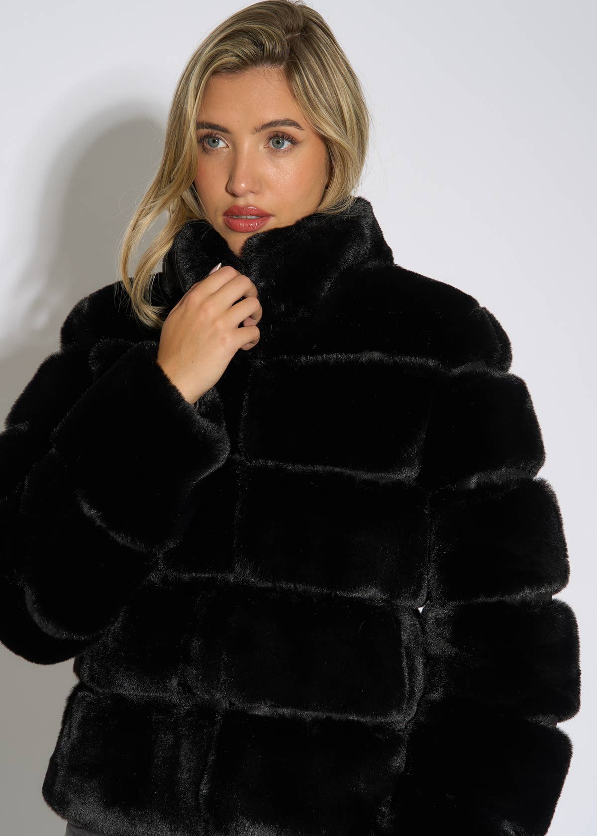 Black Panelled Funnel Neck Faux Fur Jacket – View 3 | Gini London