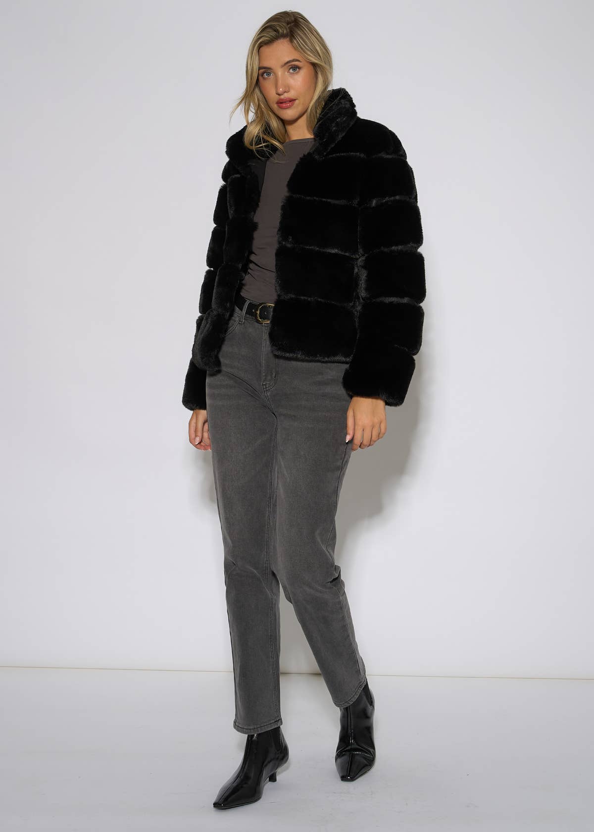 Black Panelled Funnel Neck Faux Fur Jacket – View 4 | Gini London