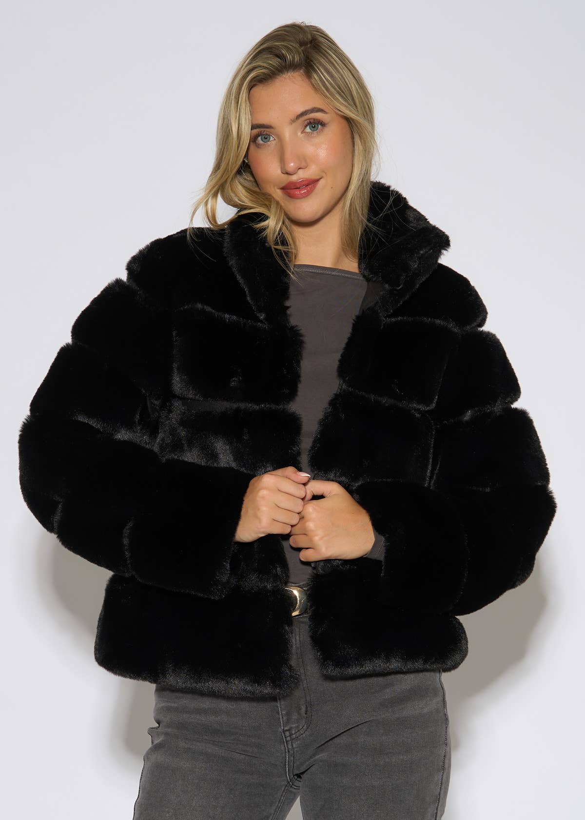 Black Panelled Funnel Neck Faux Fur Jacket – View 1 | Gini London