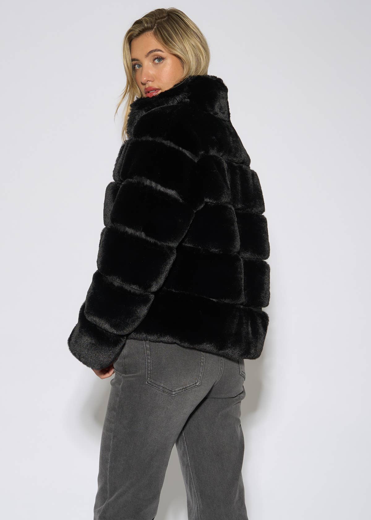 Black Panelled Funnel Neck Faux Fur Jacket – View 2 | Gini London