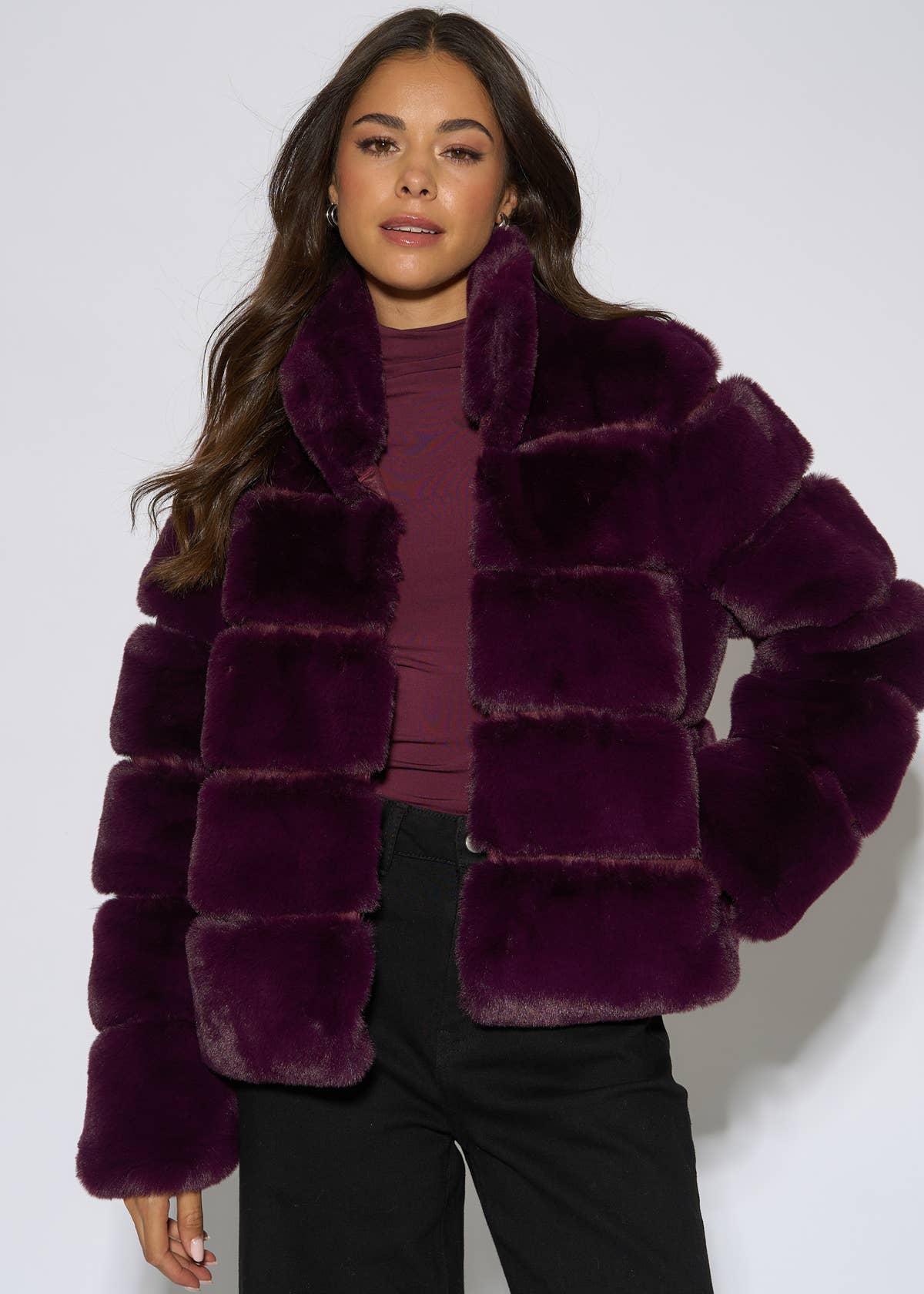 Plum Panelled Funnel Neck Faux Fur Jacket – View 1 | Gini London