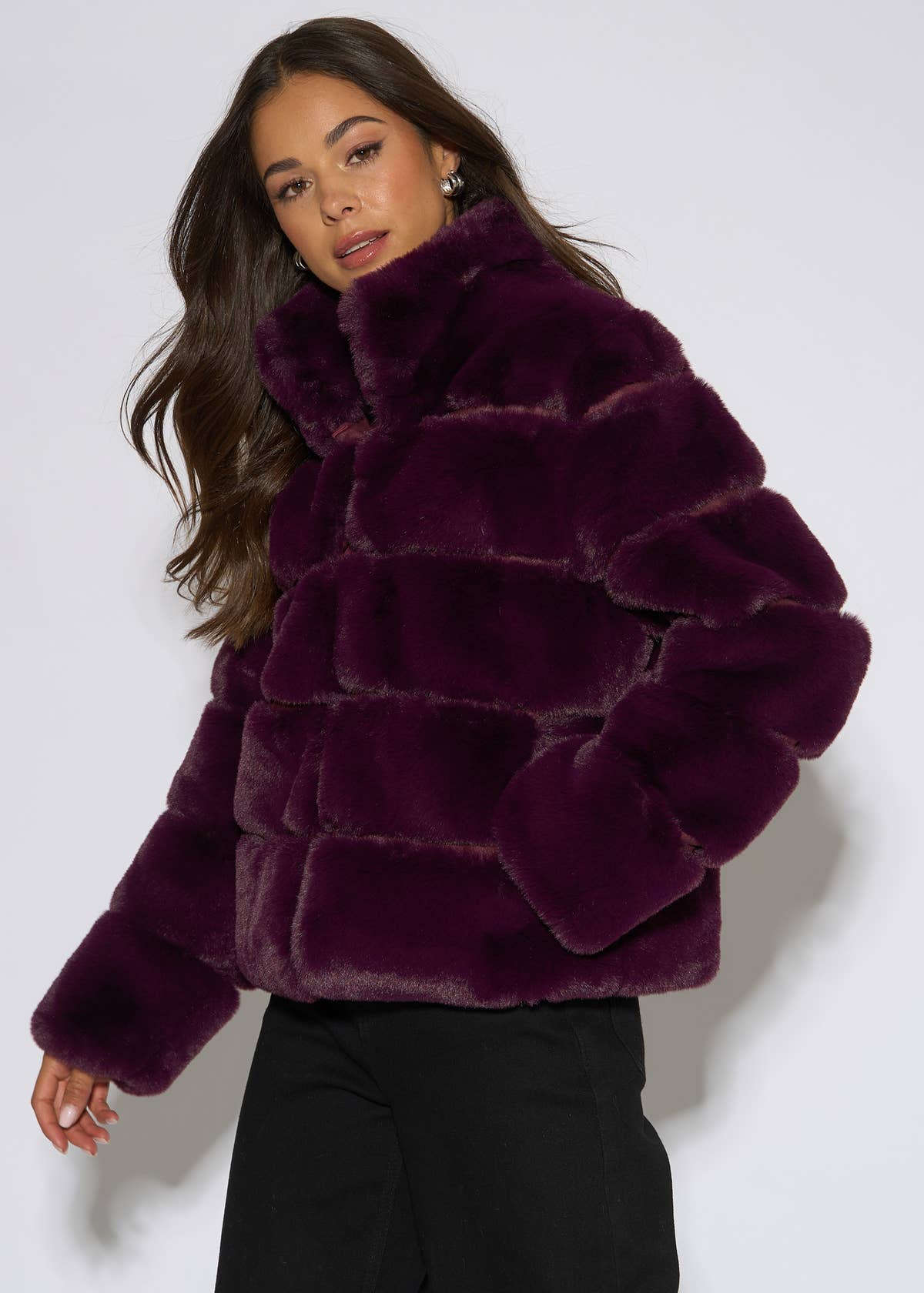 Plum Panelled Funnel Neck Faux Fur Jacket – View 4 | Gini London