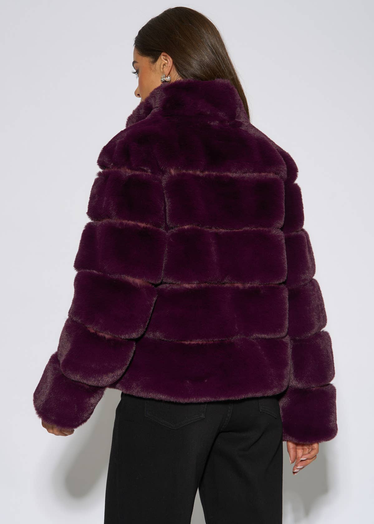Plum Panelled Funnel Neck Faux Fur Jacket – View 2 | Gini London