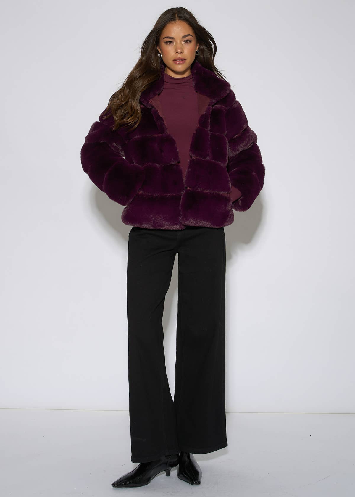 Plum Panelled Funnel Neck Faux Fur Jacket – View 3 | Gini London