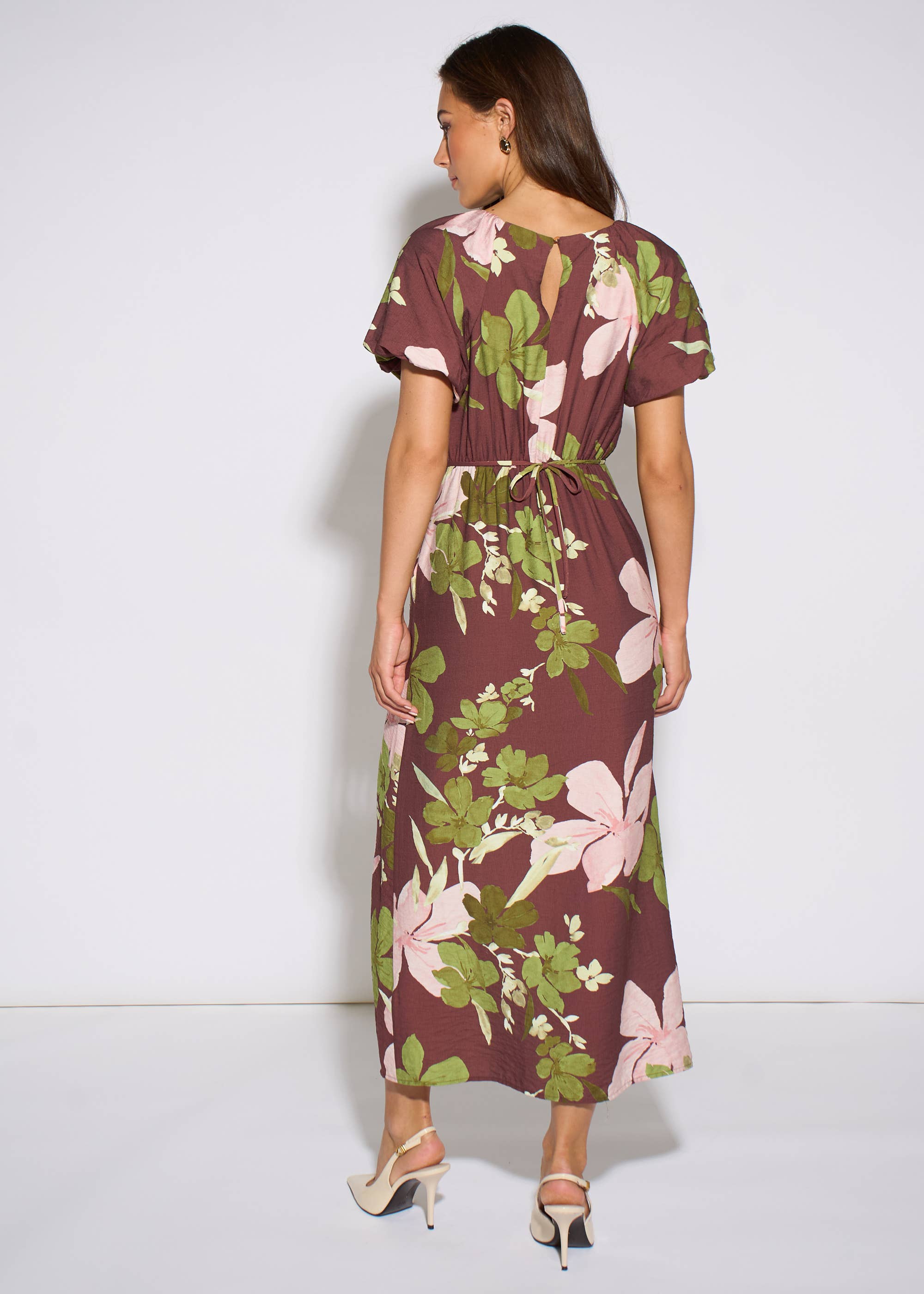Brown Floral Puff Sleeves Midi Dress