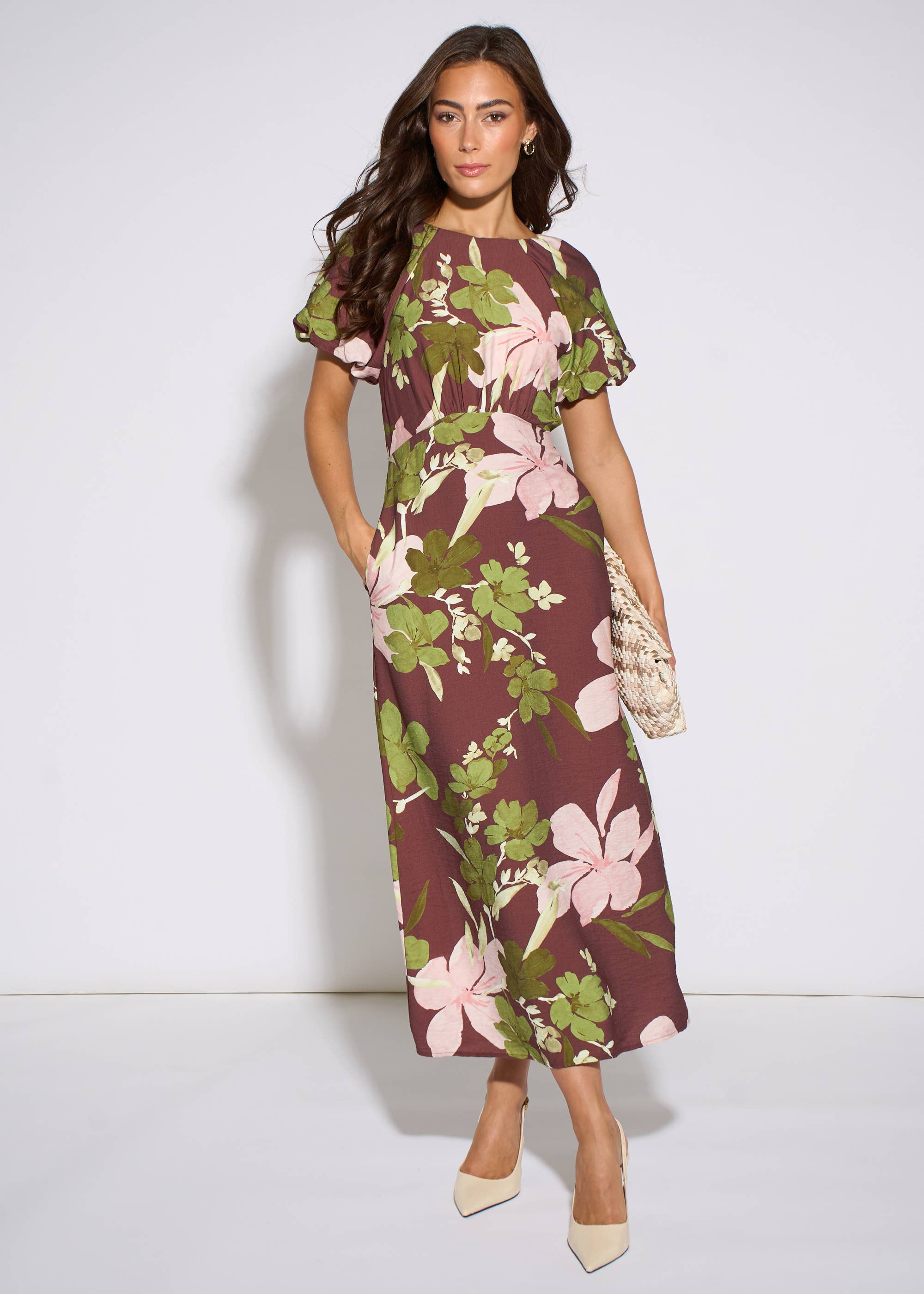Brown Floral Puff Sleeves Midi Dress