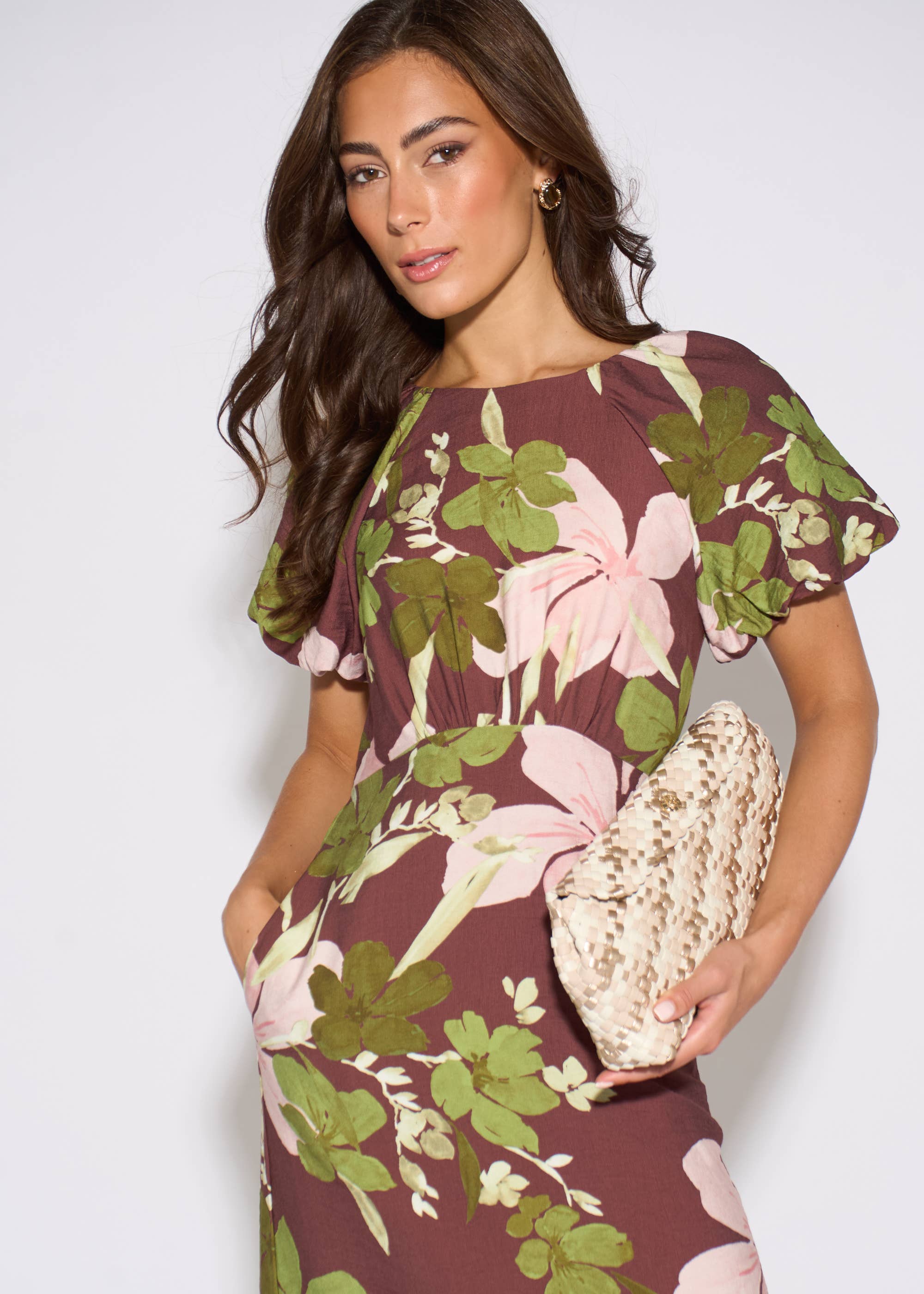 Brown Floral Puff Sleeves Midi Dress