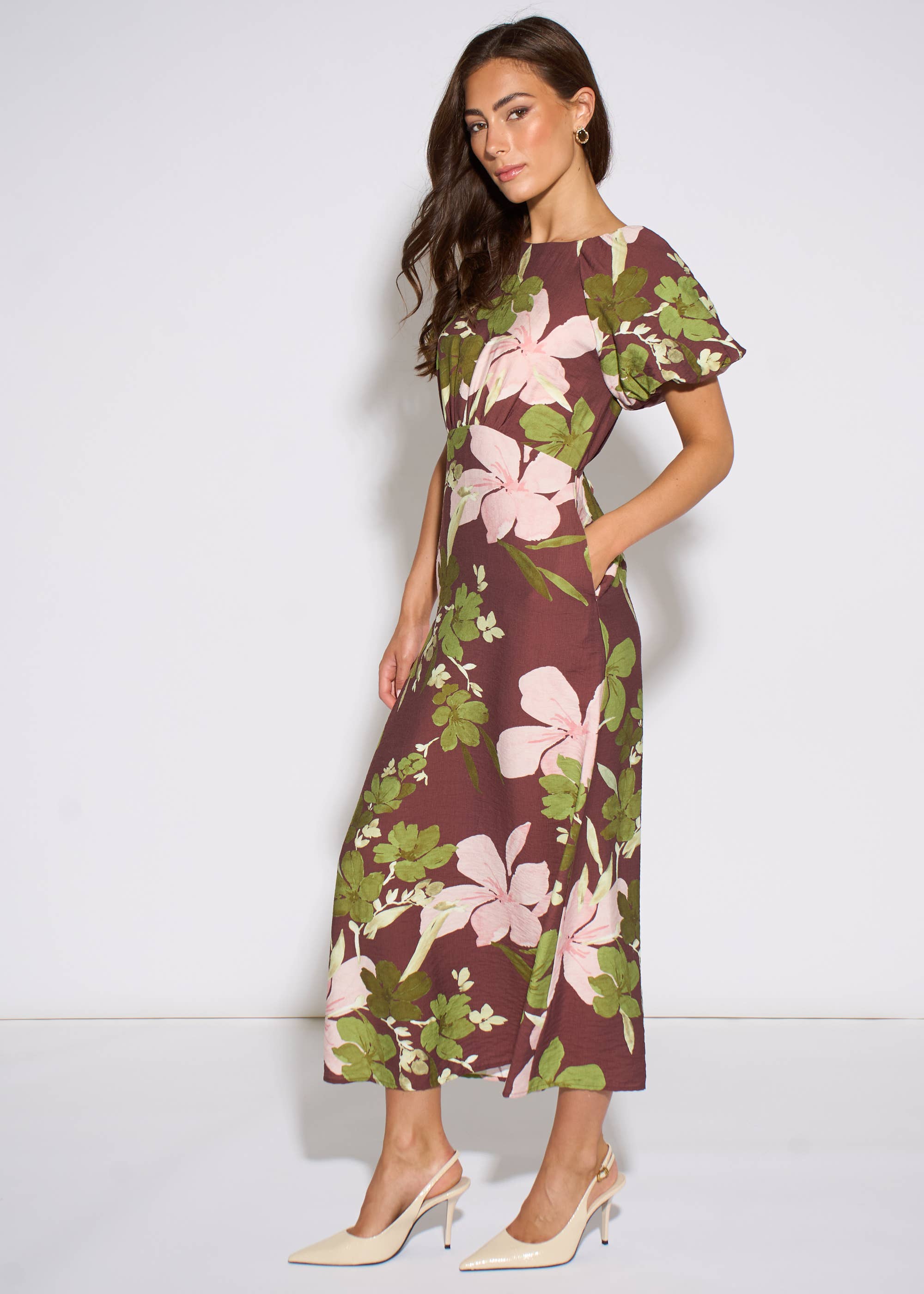 Brown Floral Puff Sleeves Midi Dress