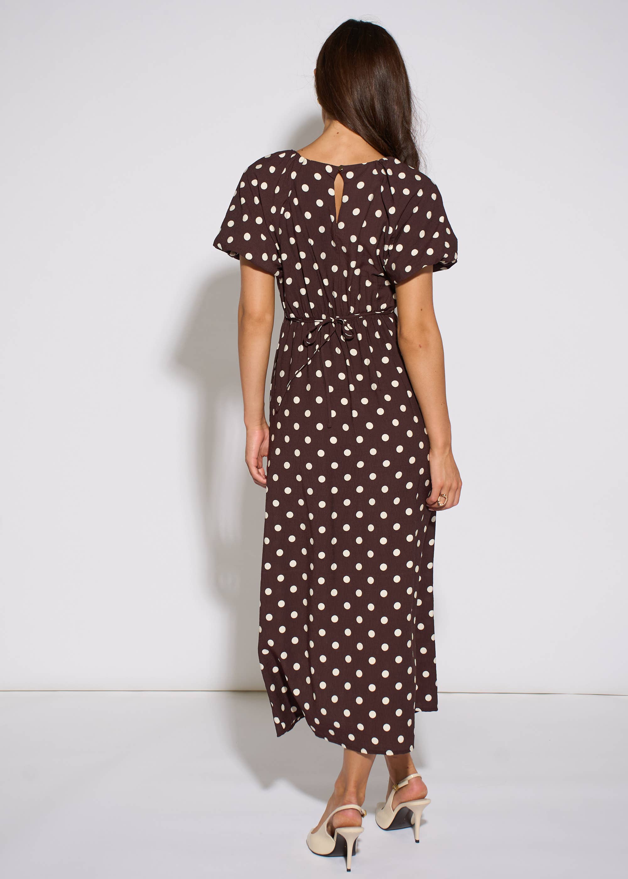 Brown Spot Puff Sleeves Midi Dress