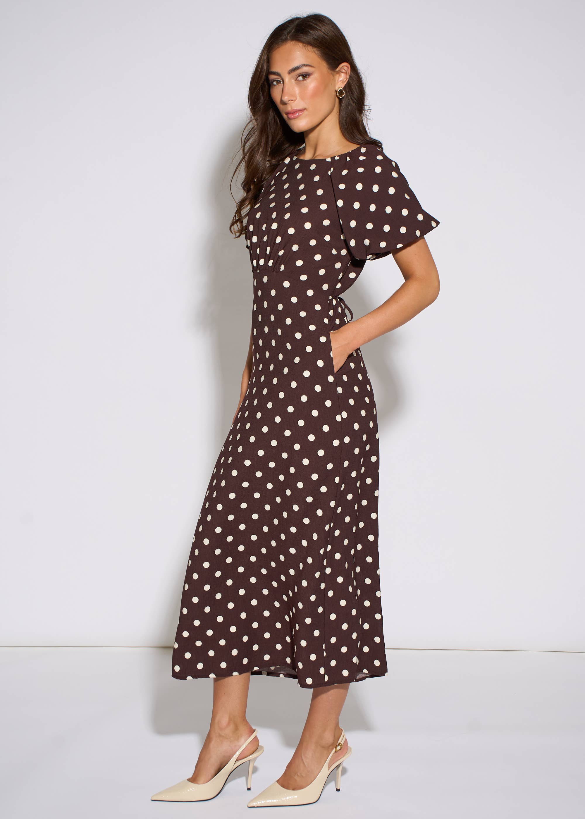 Brown Spot Puff Sleeves Midi Dress