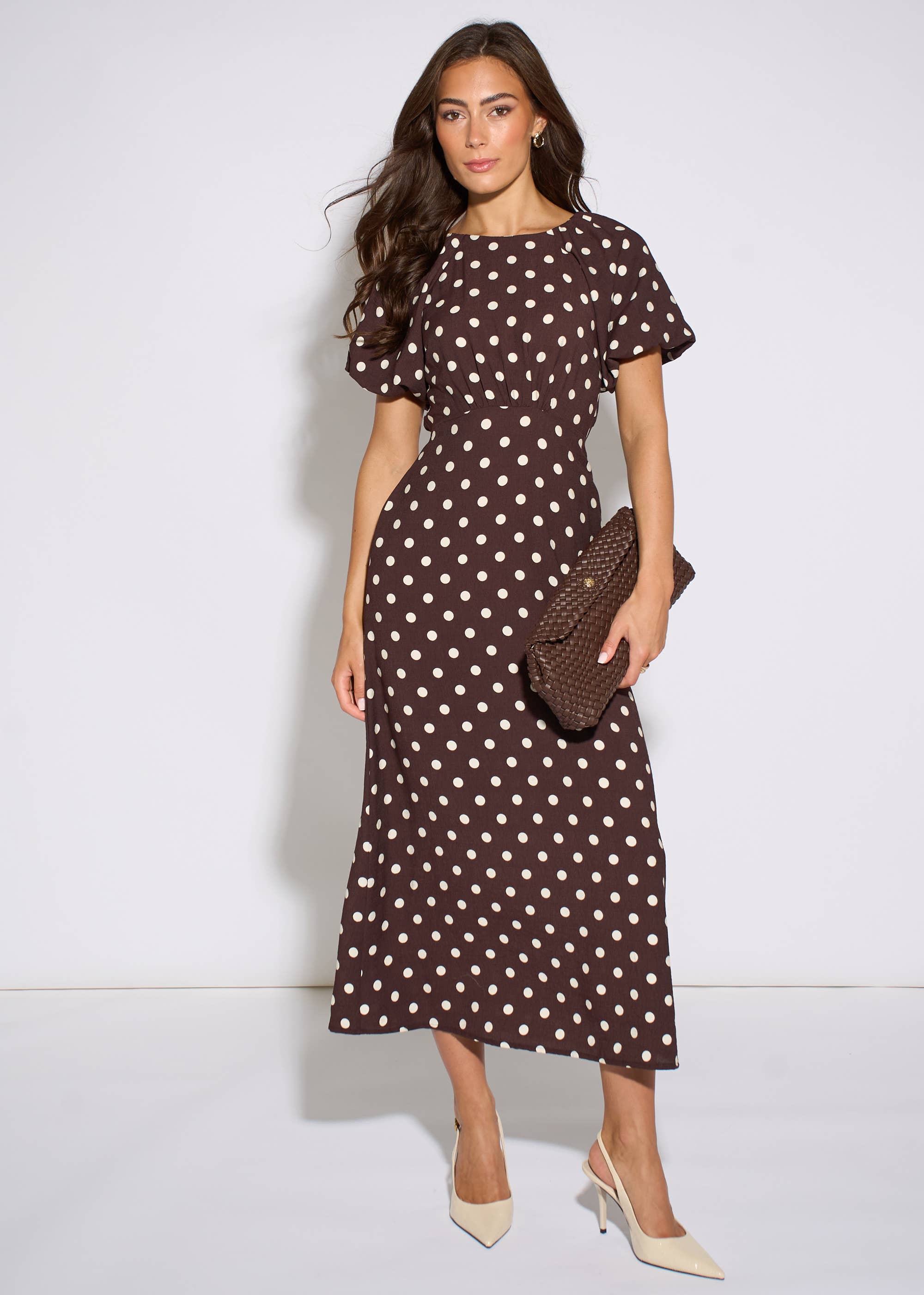 Brown Spot Puff Sleeves Midi Dress